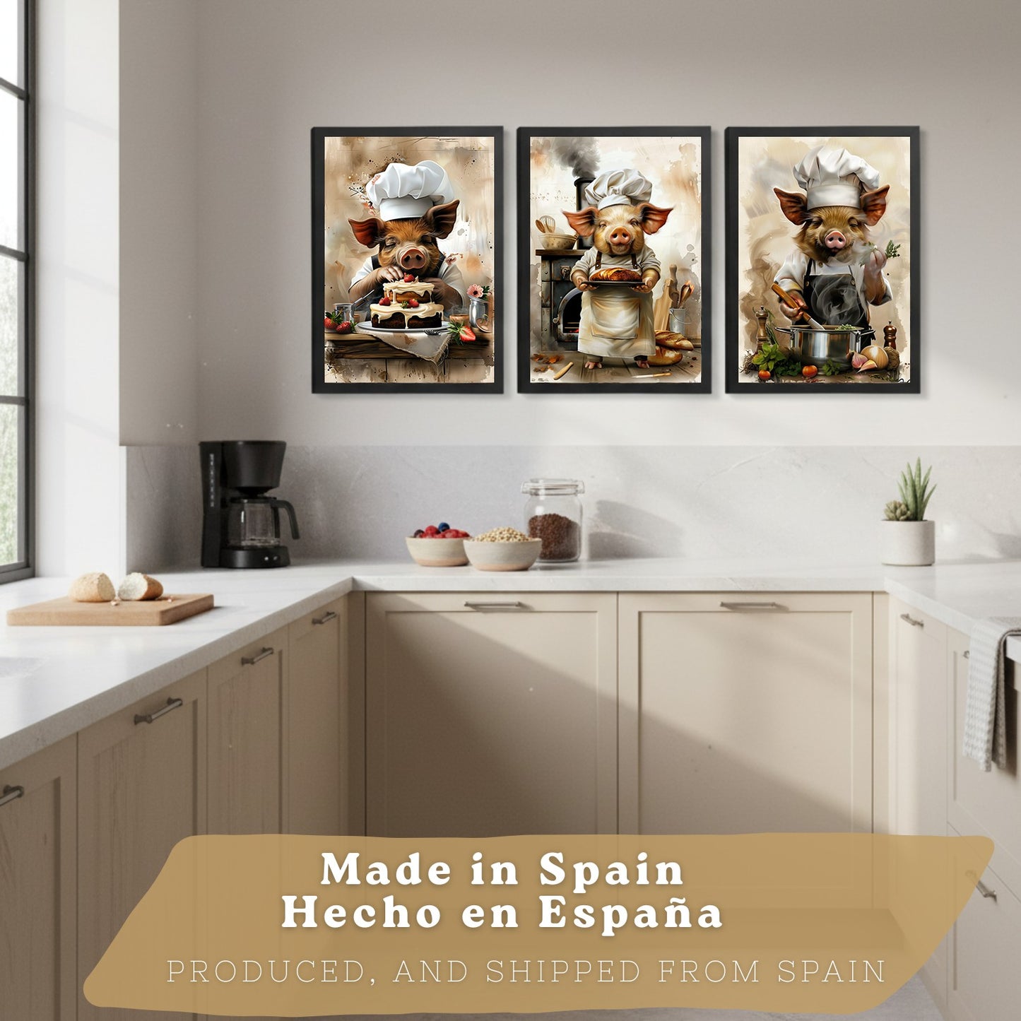 Set de 3 Láminas Cerdo Chef Pastelero Cuadros Cocina Animal Cocinero Estilo Ilustración Divertida Póster Decoración Pared