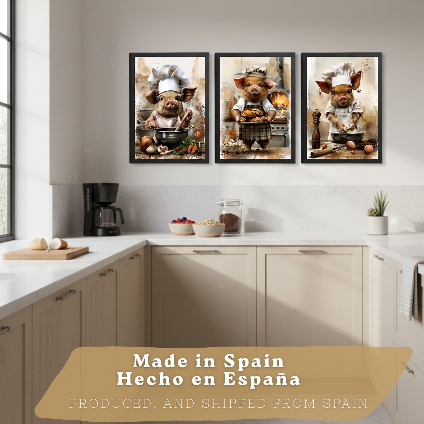 Set de 3 Láminas Cerdo Panadero Cuadros Cocina Animal Chef Amasando Pan Estilo Ilustración Póster Decoración Pared Comedor