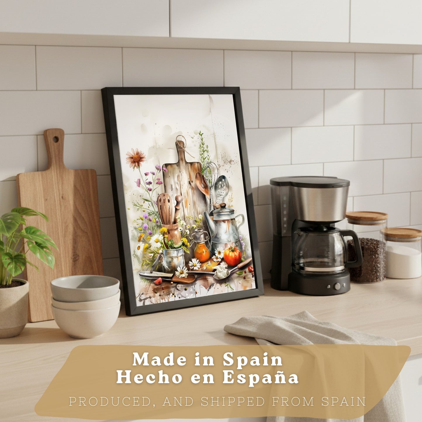 Set de 4 Láminas Flores y Cocina Acuarela Cuadros Pared Regadera Jarrón y Utensilios Botánico Póster Decoración Salón