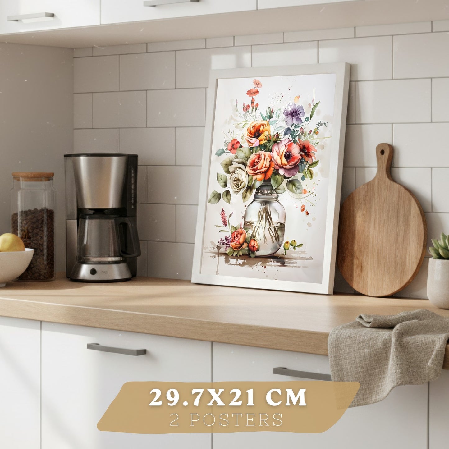 Set de 4 Láminas Flores y Cocina Acuarela Cuadros Pared Regadera Jarrón y Utensilios Botánico Póster Decoración Salón