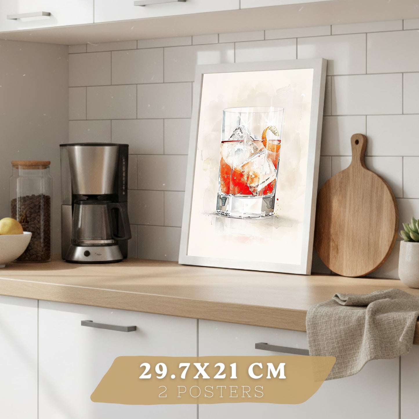 Set de 4 Láminas Cócteles y Vino Acuarela Cuadros Cocina Copas Coloridas Negroni y Tropical Póster Decoración Pared Bar