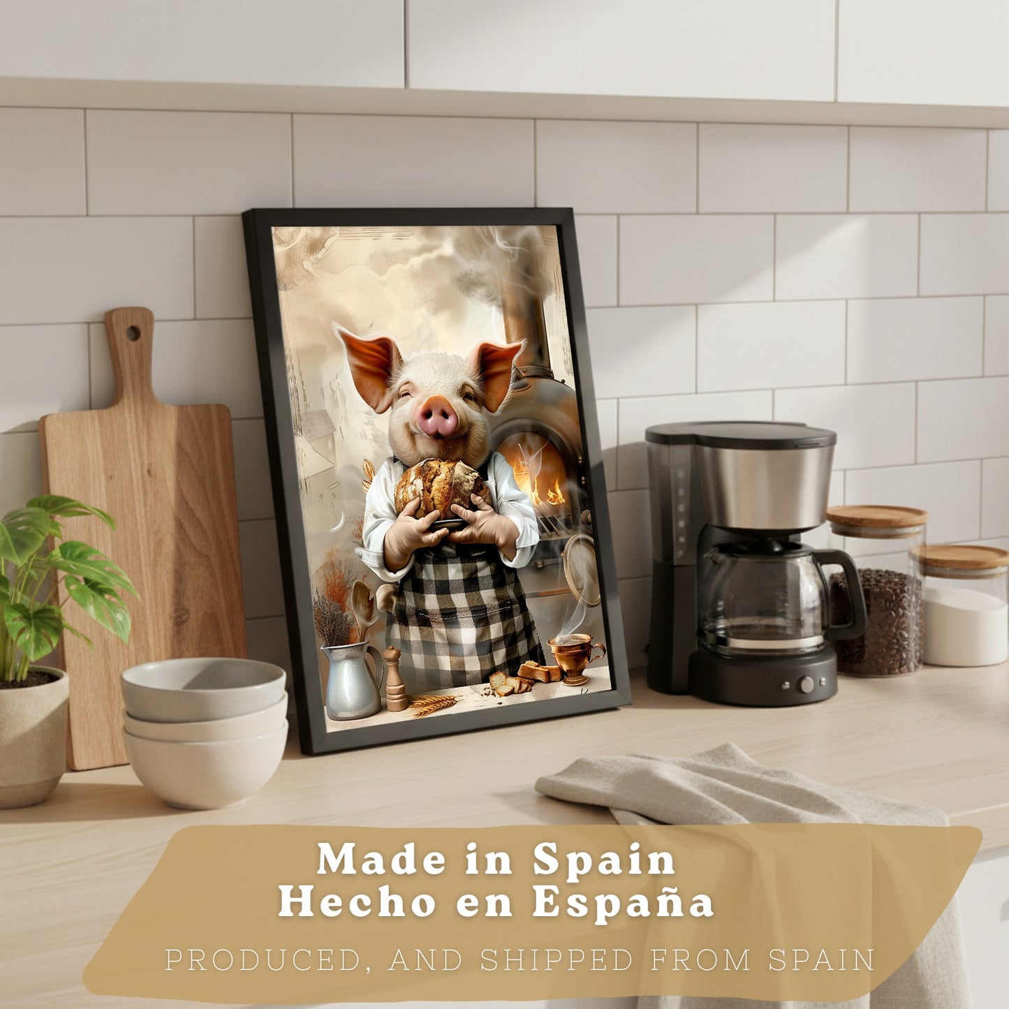 Set de 4 Láminas Animales Chef Cuadros Cocina Cerdo Panadero y Vaca Highland Cocinera Ilustración Póster Decoración Pared