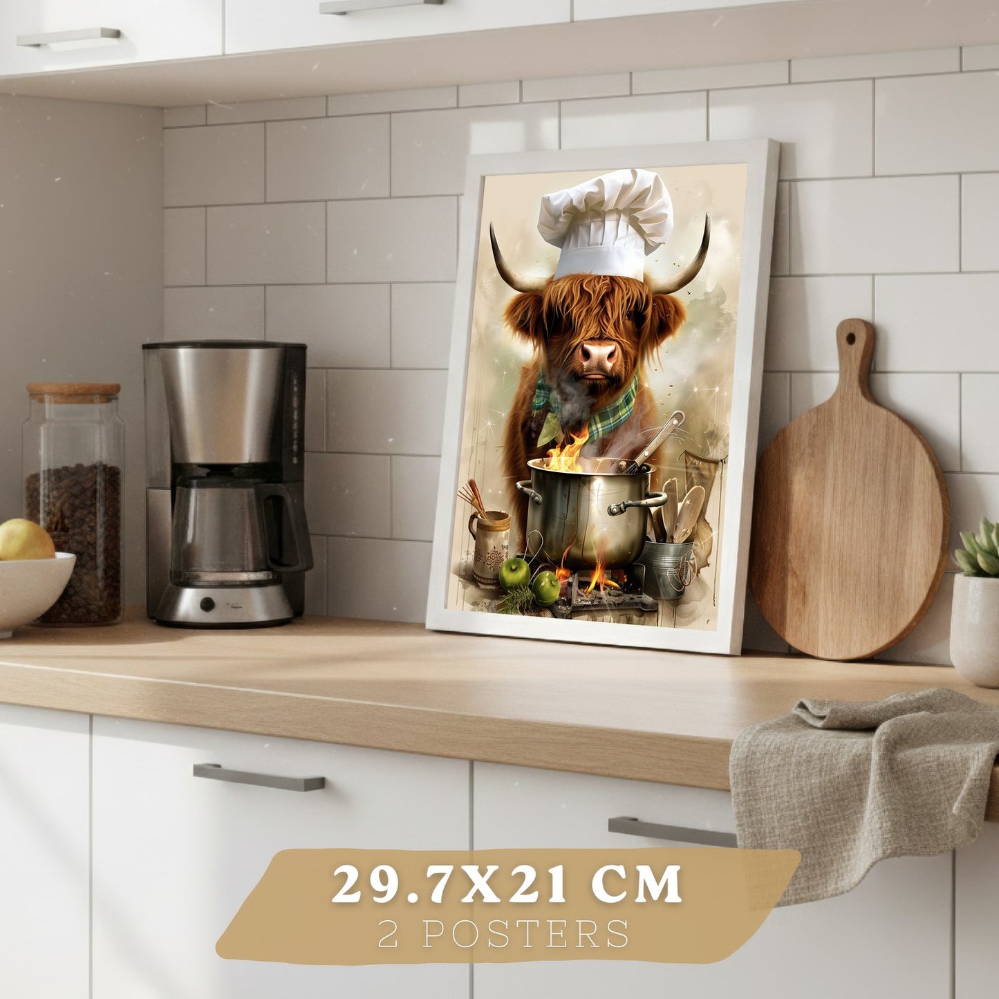 Set de 4 Láminas Animales Chef Cuadros Cocina Cerdo Panadero y Vaca Highland Cocinera Ilustración Póster Decoración Pared