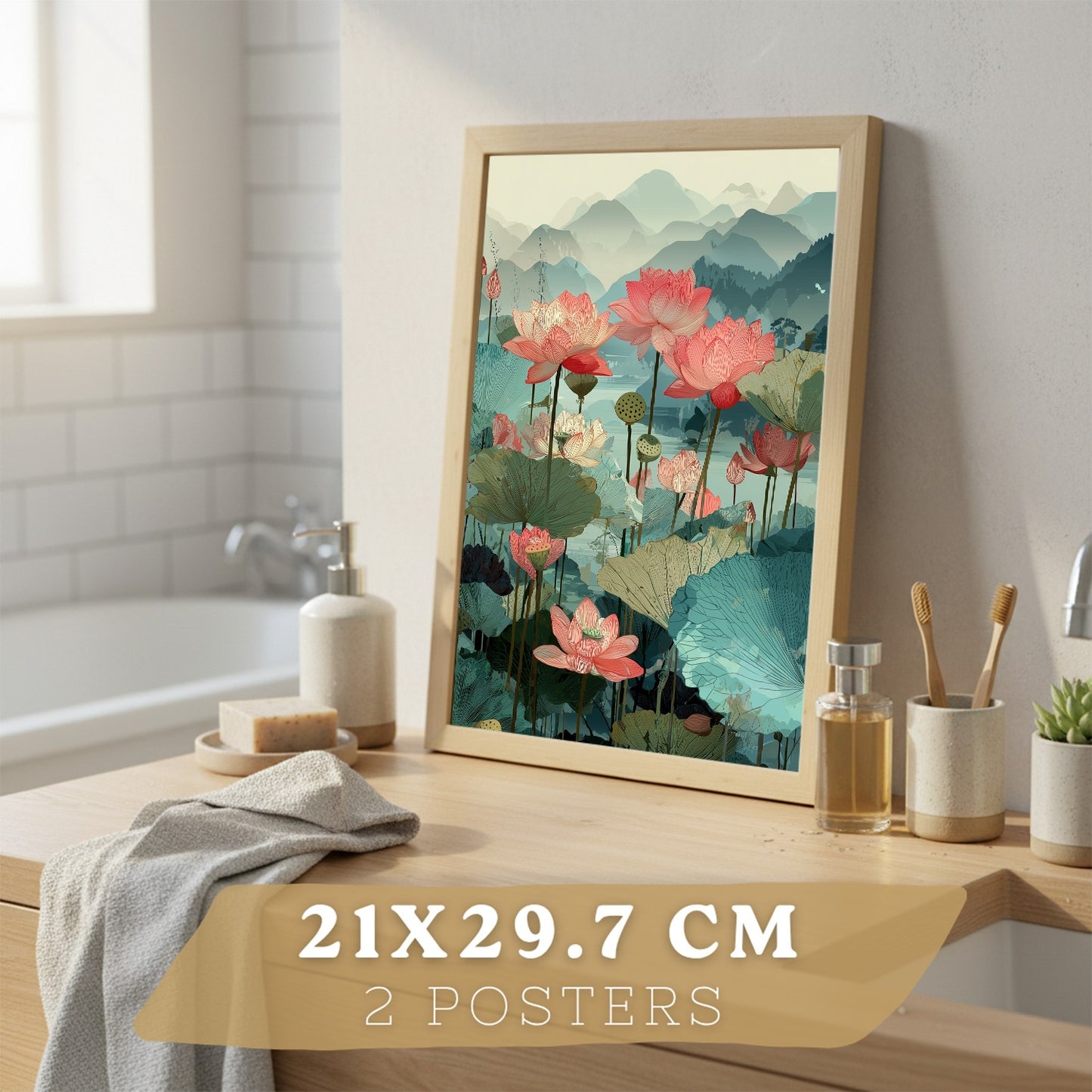 Set de 2 Laminas Decorativas Baño Cuadros Poster Arte Oriental Japones para Pared Lavabo Ducha WC y Aseo con Flores de Loto Paisaje Asiatico Estilo Elegante