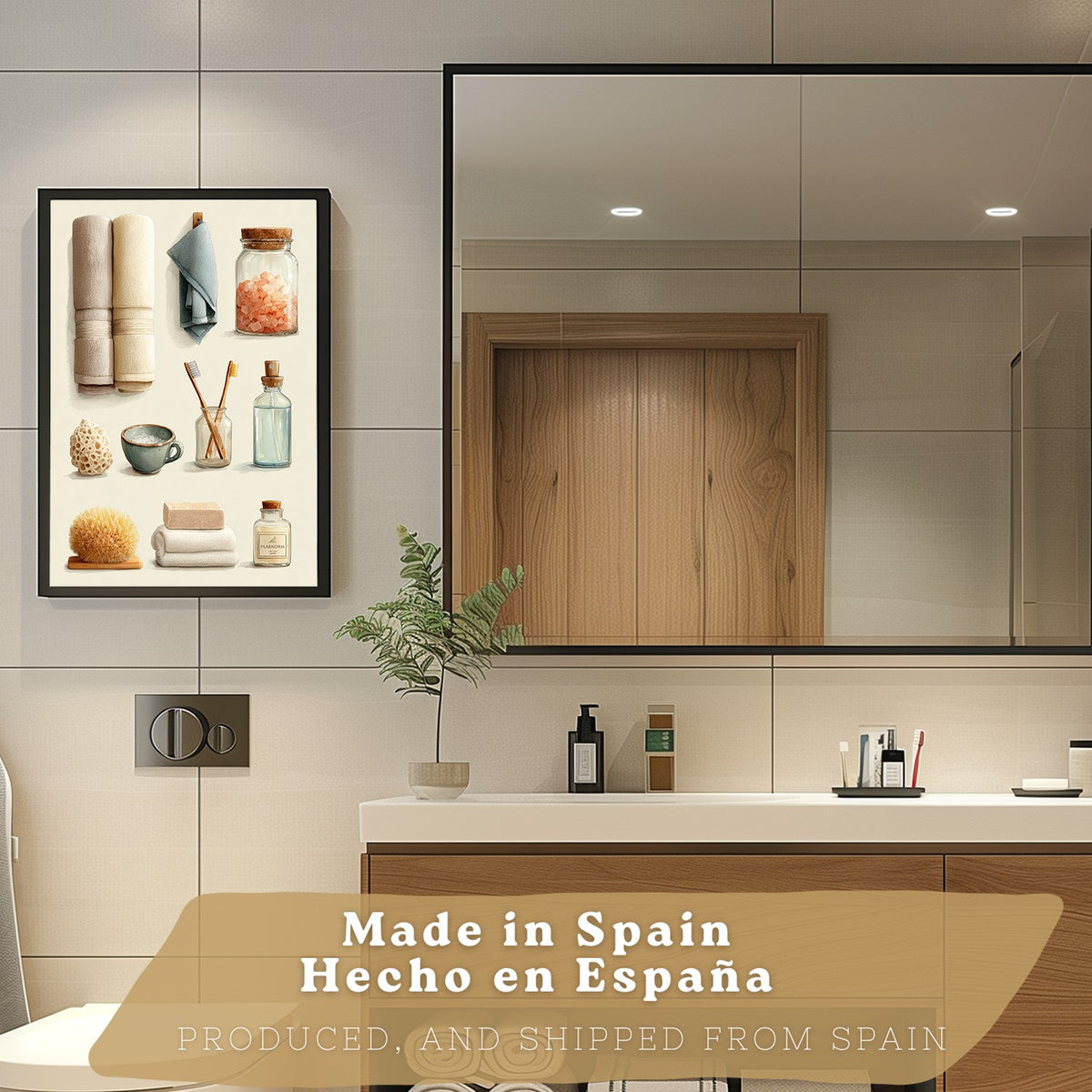 Set de 2 laminas decorativas para baño con composiciones de toallas, jabones, sales y accesorios naturales. Decoración de paredes en baño, WC o lavabo con estilo spa