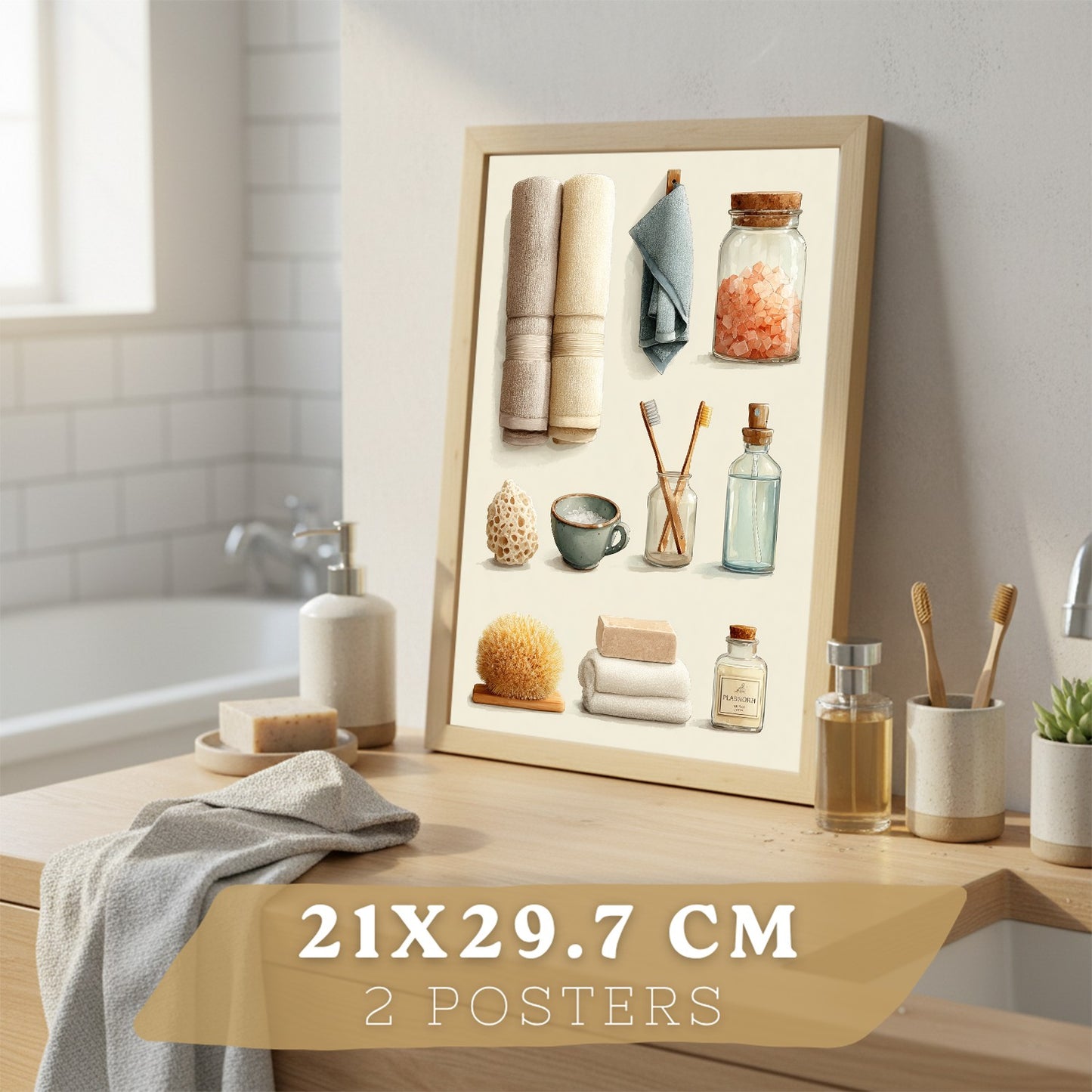Set de 2 laminas decorativas para baño con composiciones de toallas, jabones, sales y accesorios naturales. Decoración de paredes en baño, WC o lavabo con estilo spa