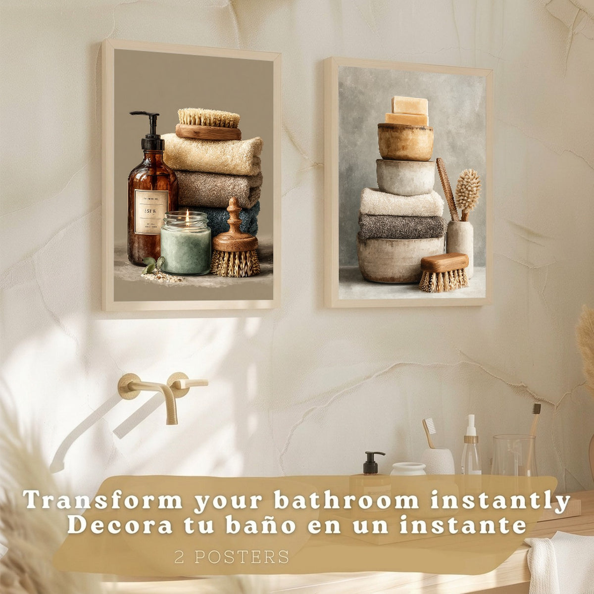 Juego de 2 Laminas Decorativas para Pared de Baño Cuadros y Poster para Lavabo Ducha WC y Aseo con Jabones Toallas y Cepillos Estilo Natural Moderno