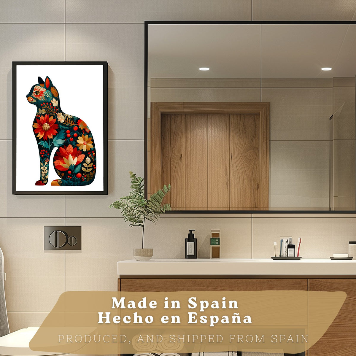 Set de 2 Laminas Decorativas Baño Cuadros Poster Arte Folk Moderno para Pared Lavabo Ducha WC y Aseo con Pajaros y Gato Floral Estilo Ilustracion Elegante