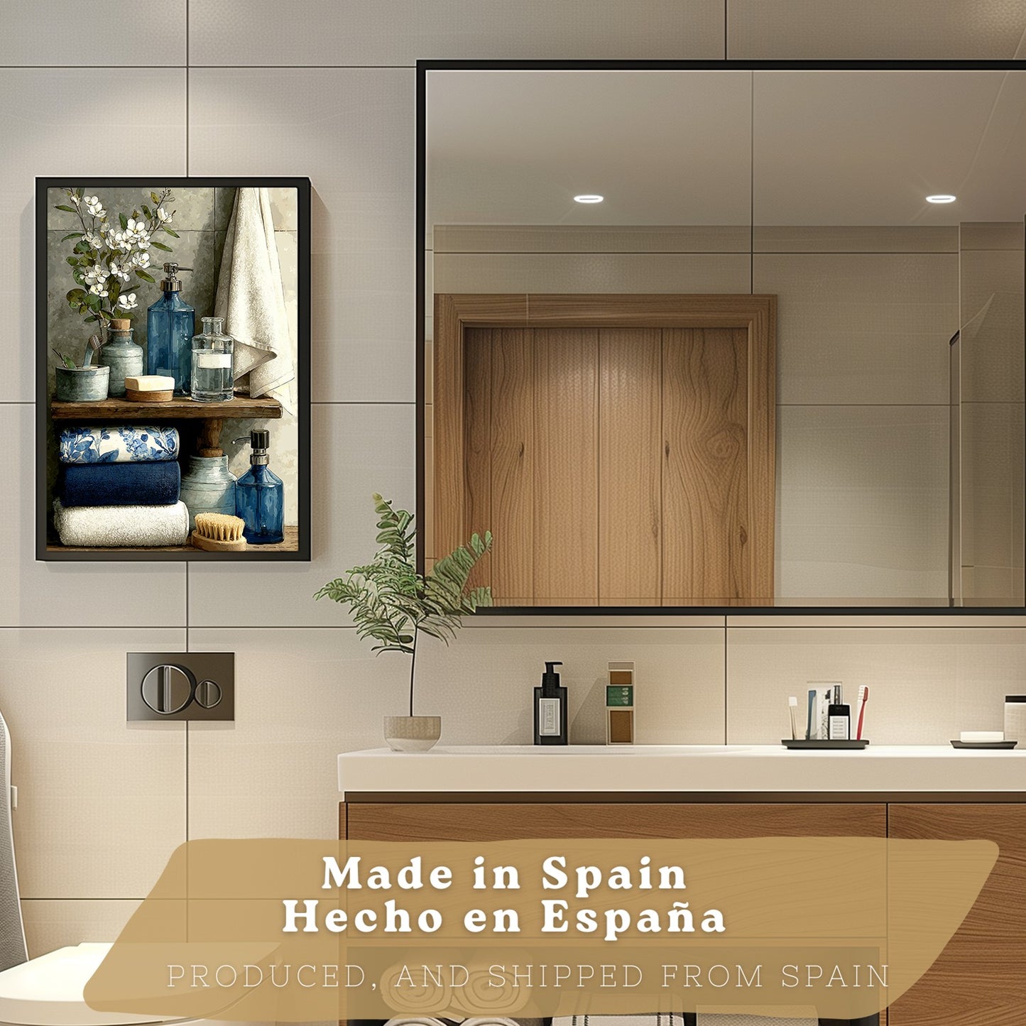 Set de 2 Laminas Decorativas Baño Cuadros Modernos Poster para Pared Lavabo Ducha WC y Aseo Decoracion Elegante con Bañera Azul y Accesorios Estilo Spa Chic