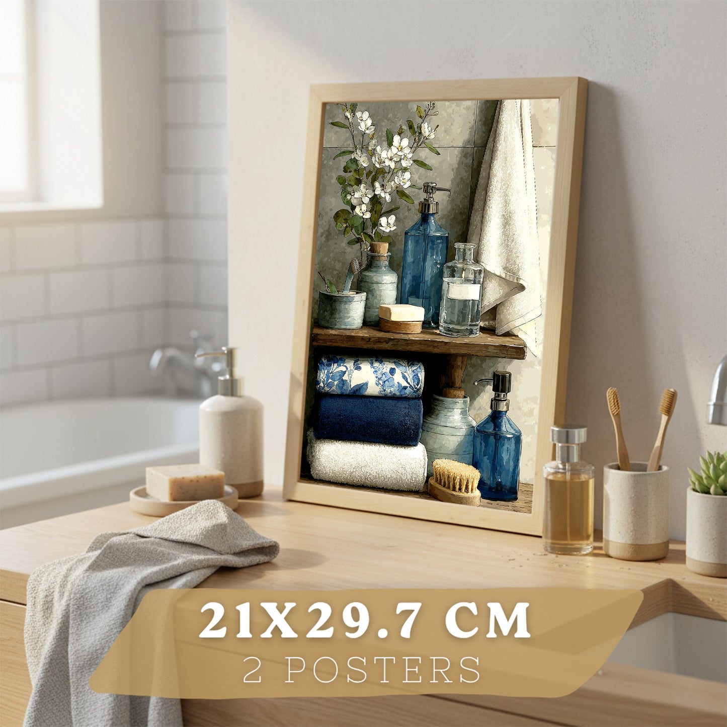 Set de 2 Laminas Decorativas Baño Cuadros Modernos Poster para Pared Lavabo Ducha WC y Aseo Decoracion Elegante con Bañera Azul y Accesorios Estilo Spa Chic