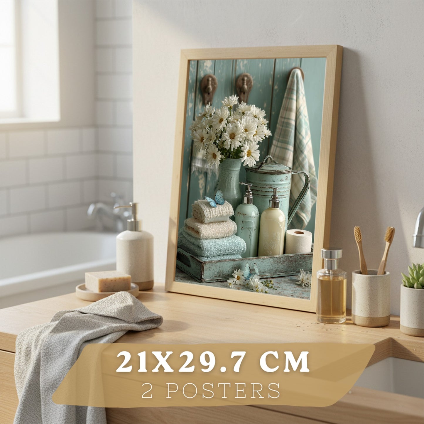 Set de 2 Laminas Decorativas Baño Cuadros Poster Estilo Shabby Chic Floral para Pared Lavabo Ducha WC y Aseo Decoracion Romantica con Flores y Toallas