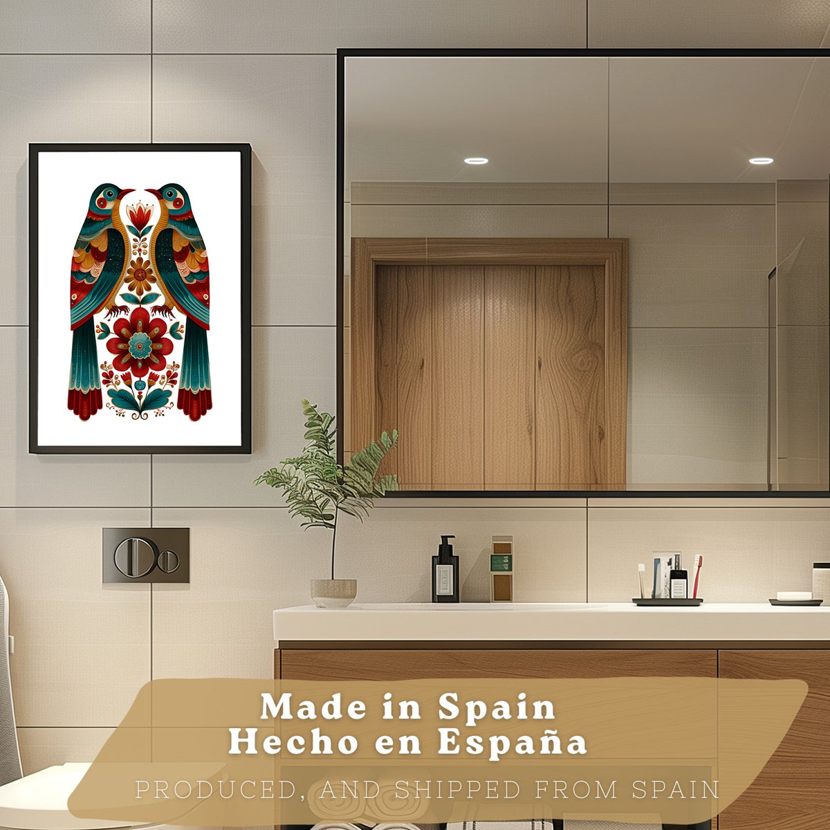 Set de 3 Laminas Decorativas Baño Cuadros Poster Arte Folk Colorido para Pared Lavabo Ducha WC y Aseo con Gallo Mariposa y Pajaros Estilo Ilustracion Moderna