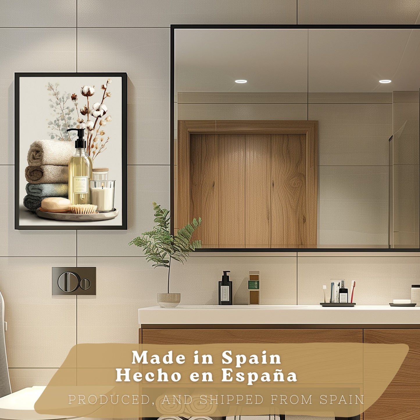 Juego de 3 Laminas Decorativas para Baño Cuadros y Poster para Pared Lavabo Ducha WC y Aseo con Botellas Sales y Toallas Estilo Natural Moderno