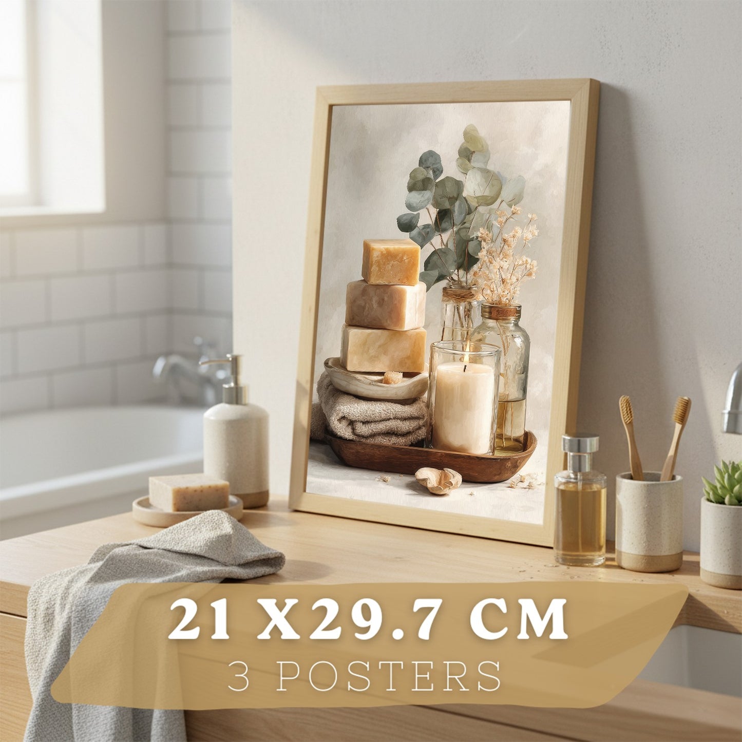 Set de 3 Laminas Decorativas para Baño Cuadros y Poster para Pared de Lavabo Ducha WC y Aseo con Velas Jabones y Toallas Estilo Natural Moderno