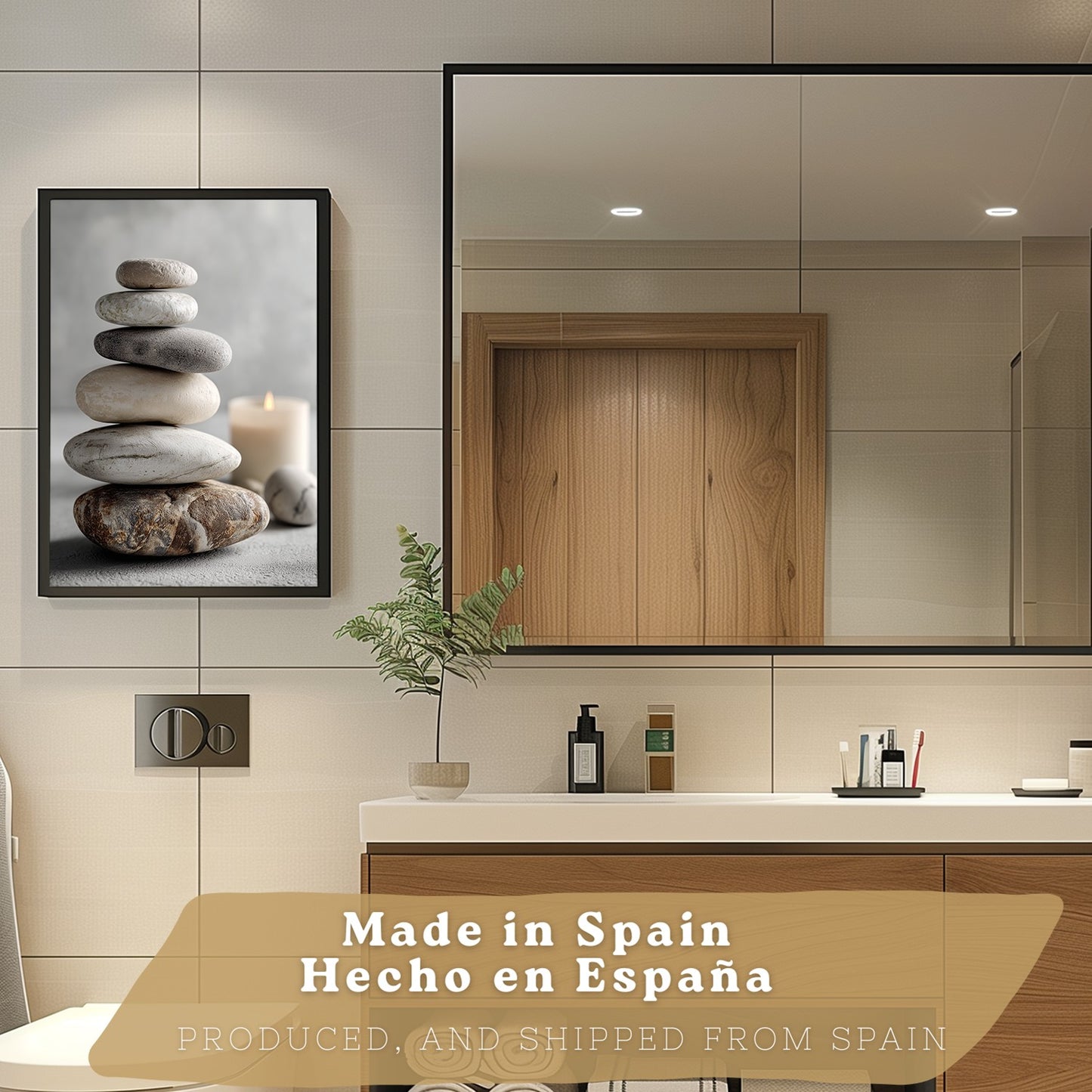 Set de 3 Cuadros Baño Modernos Posters Decorativos Estilo Spa Relax para Pared de Lavabo Ducha WC y Aseo con Piedras Velas y Sales Decoracion Zen