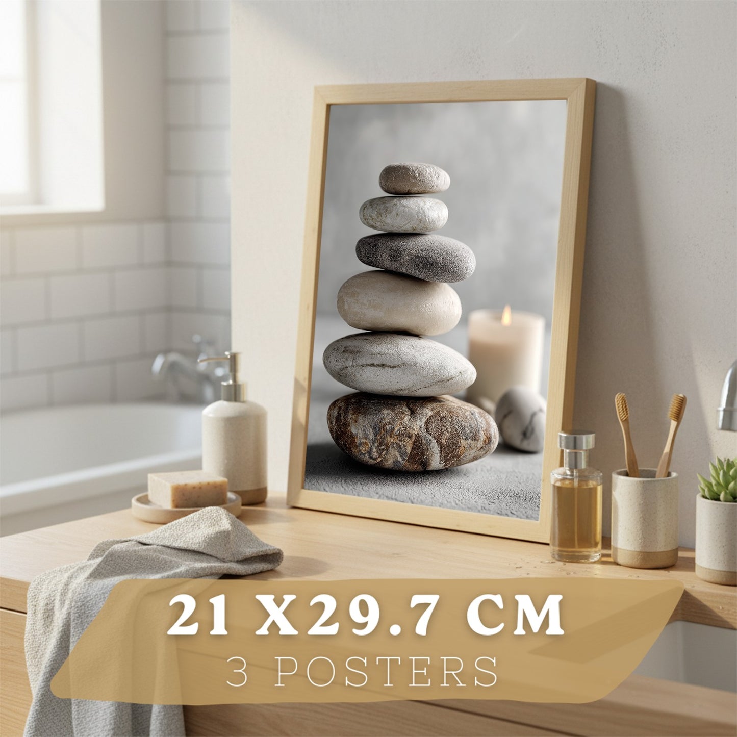 Set de 3 Cuadros Baño Modernos Posters Decorativos Estilo Spa Relax para Pared de Lavabo Ducha WC y Aseo con Piedras Velas y Sales Decoracion Zen