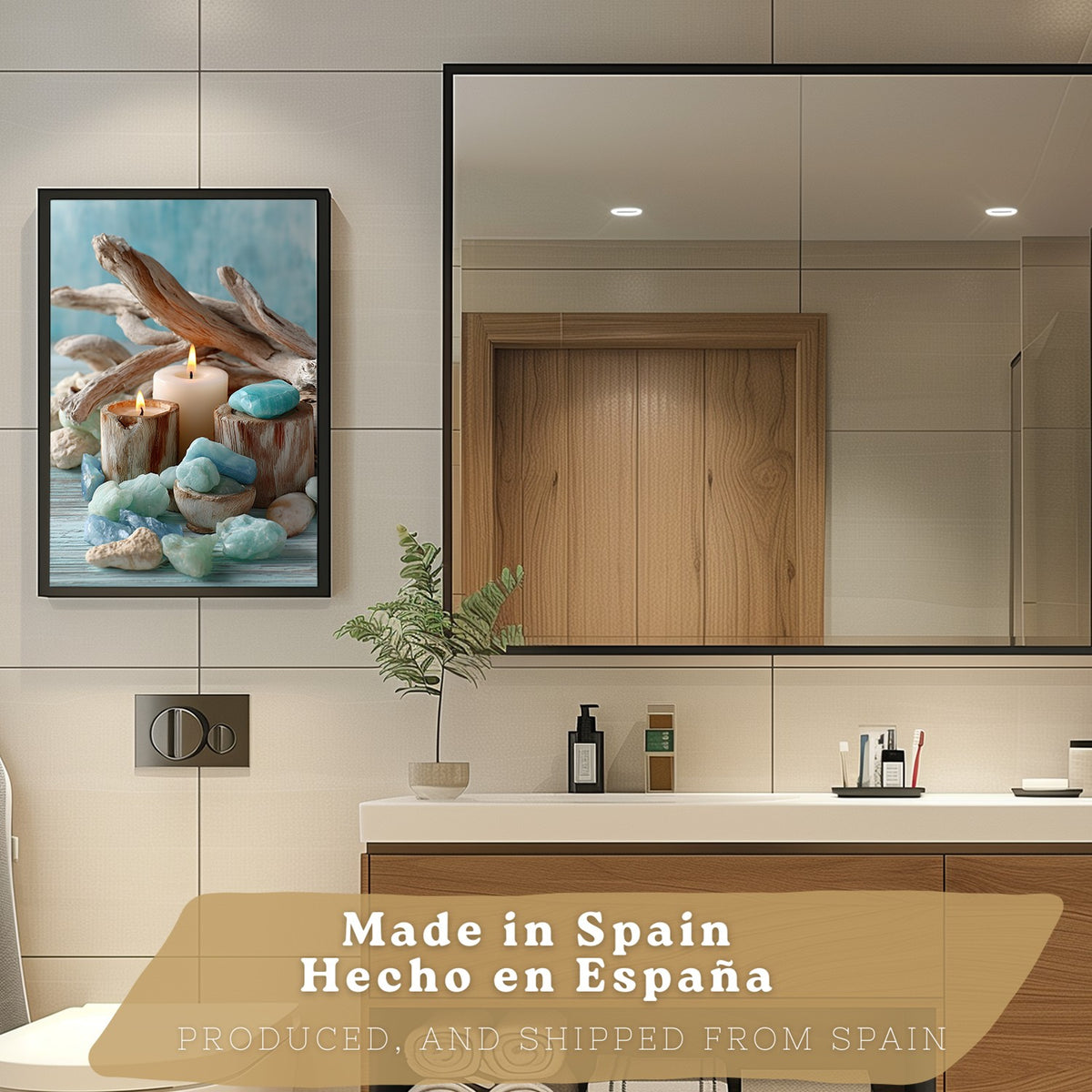 Set de 4 Cuadros Baño Decoracion Poster Estilo Playa Spa para Pared Lavabo Ducha WC y Aseo con Conchas Velas Toallas y Sales Marinas