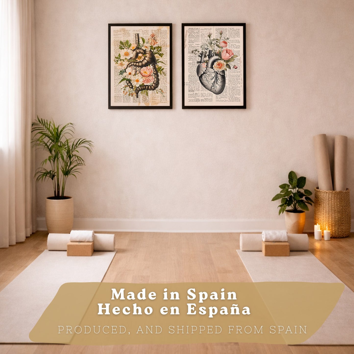 Set 2 Cuadros Decorativos Anatomía Humana Láminas con Sistema Digestivo Intestinos y Corazón Diseño Clásico Floral