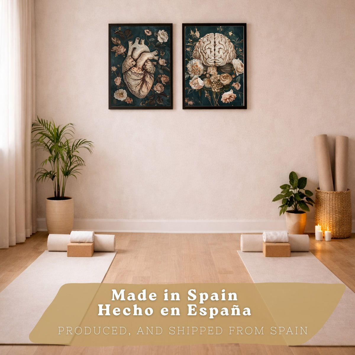 Set 2 Cuadros Decorativos de Anatomía Humana Láminas y Posters con Corazón y Cerebro Ilustración Floral Sofisticada Fondo Verde