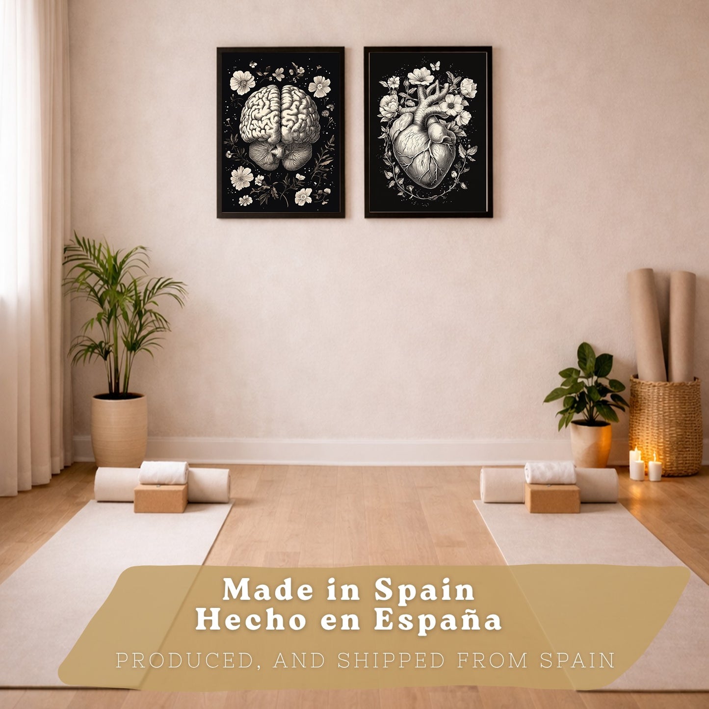 Set 2 Posters y Cuadros de Anatomía Humana Láminas con Cerebro y Corazón Diseño Monocromo Floral Fondo Negro Decoración Moderna