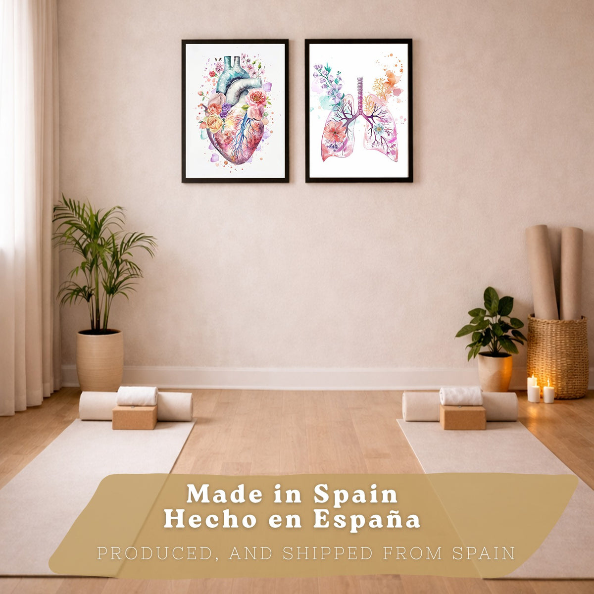 Set 2 Cuadros de Anatomía Humana Láminas con Corazón y Sistema Respiratorio Estilo Moderno Floral