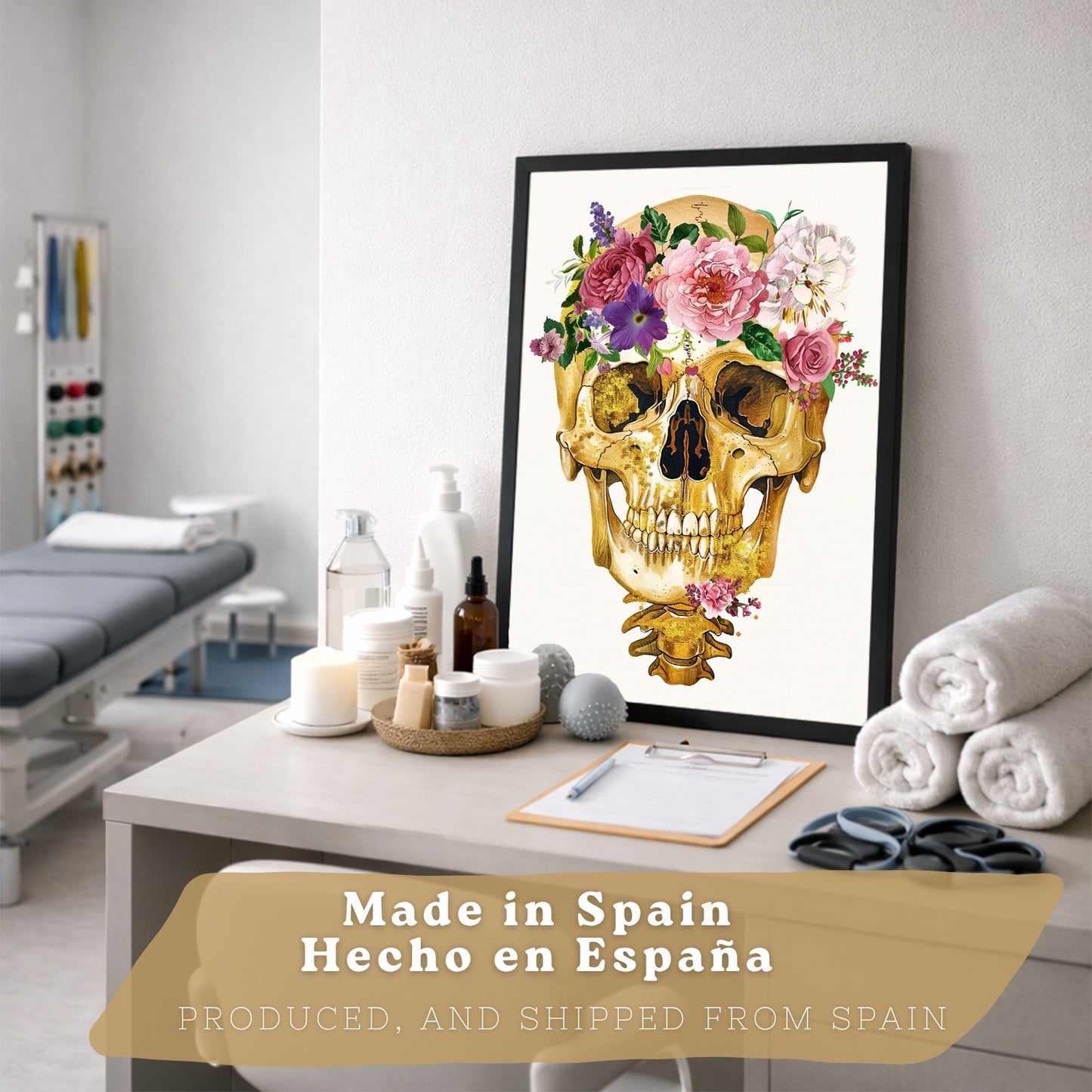 Set 3 Cuadros Decorativos de Anatomía Humana Láminas y Posters con Cráneo Cerebro y Corazón Ilustración Dorada Floral Diseño Artístico