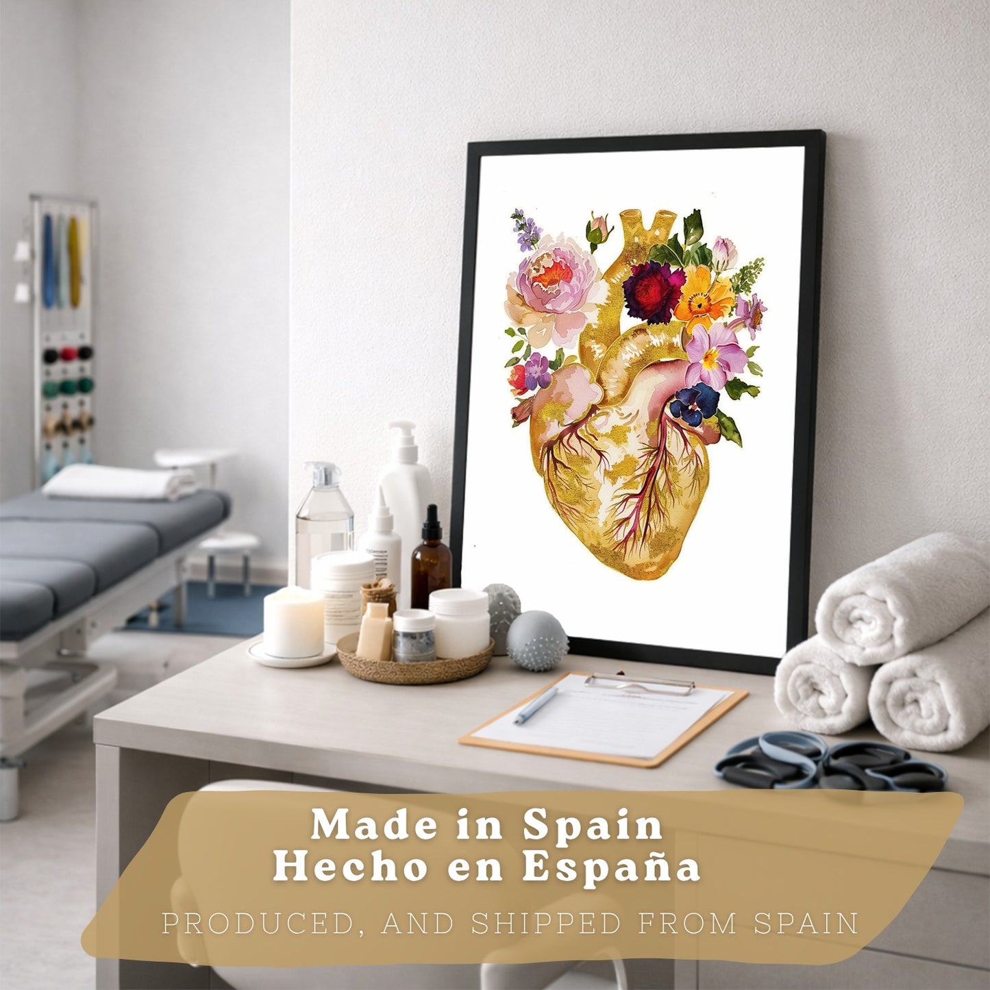 Set 3 Láminas de Anatomía Humana Posters y Cuadros con Corazón Cerebro y Esqueleto Diseño Floral Dorado Elegante