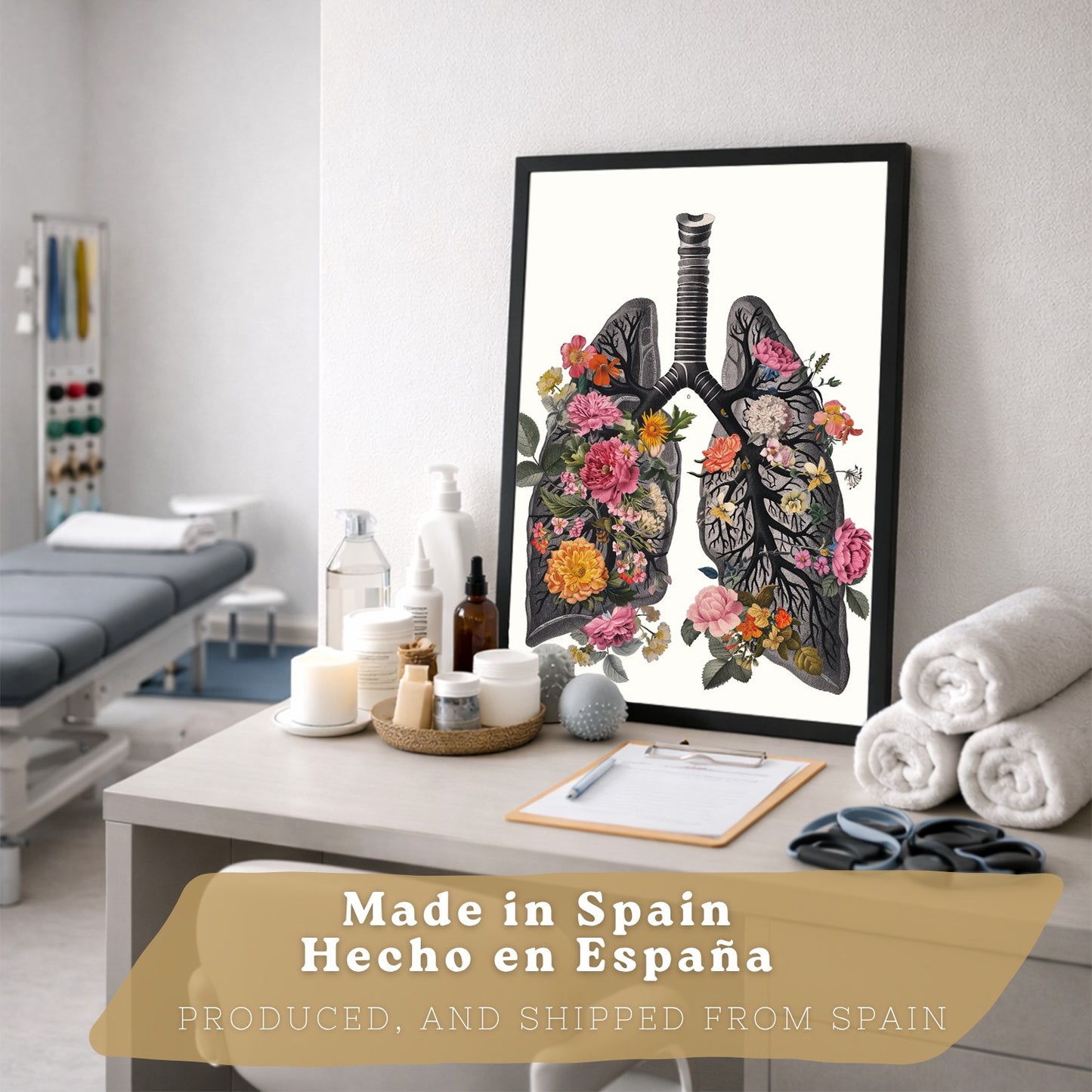 Set 3 Cuadros Decorativos de Anatomía Humana Láminas y Posters con Pulmones Tráquea Bronquios Costillas Columna Vertebral y Cráneo Diseño Floral Contemporáneo