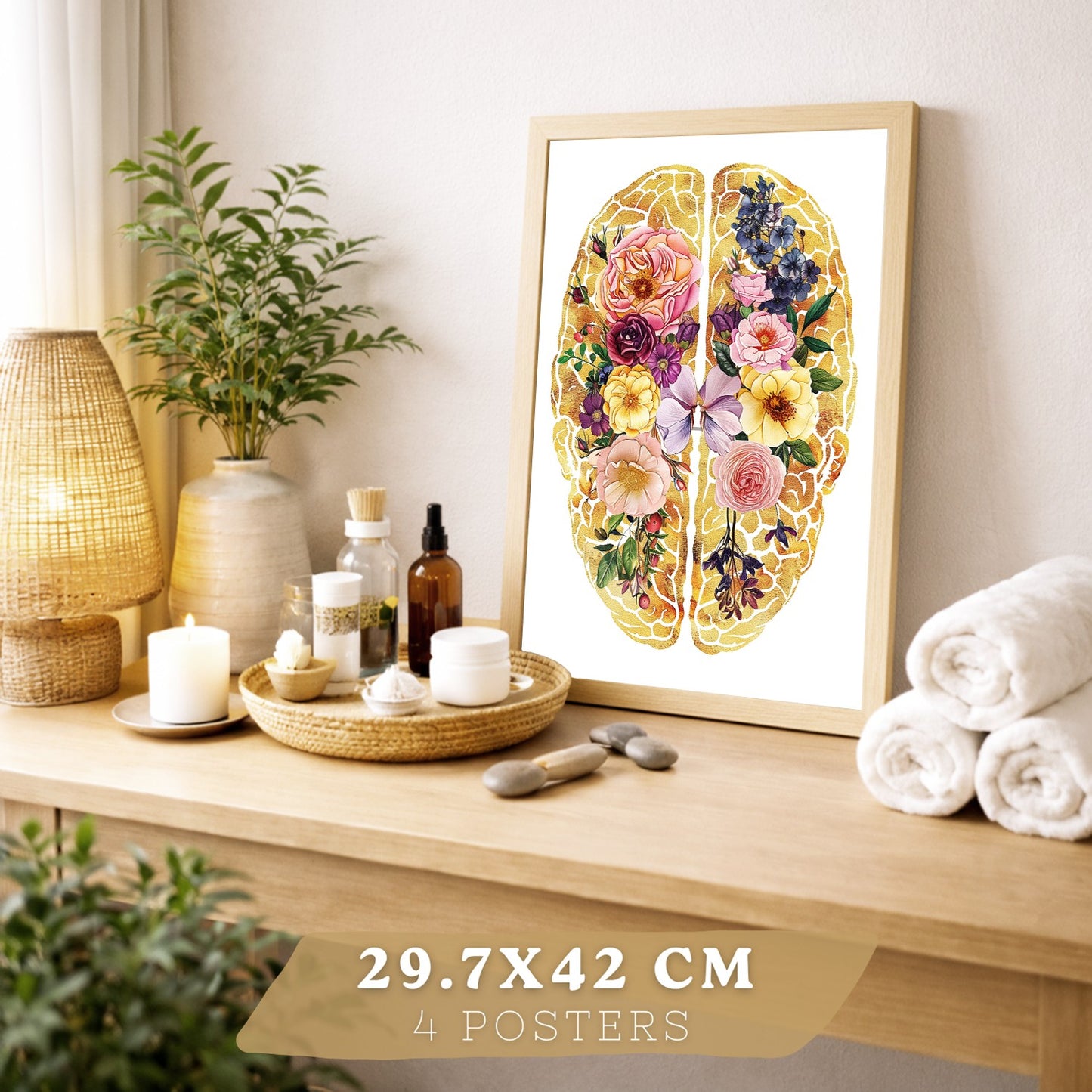 Set 4 Posters y Cuadros de Anatomía Humana Láminas con Corazón Cerebro Cráneo Pulmones Tráquea Bronquios Estilo Floral Dorado Decoración