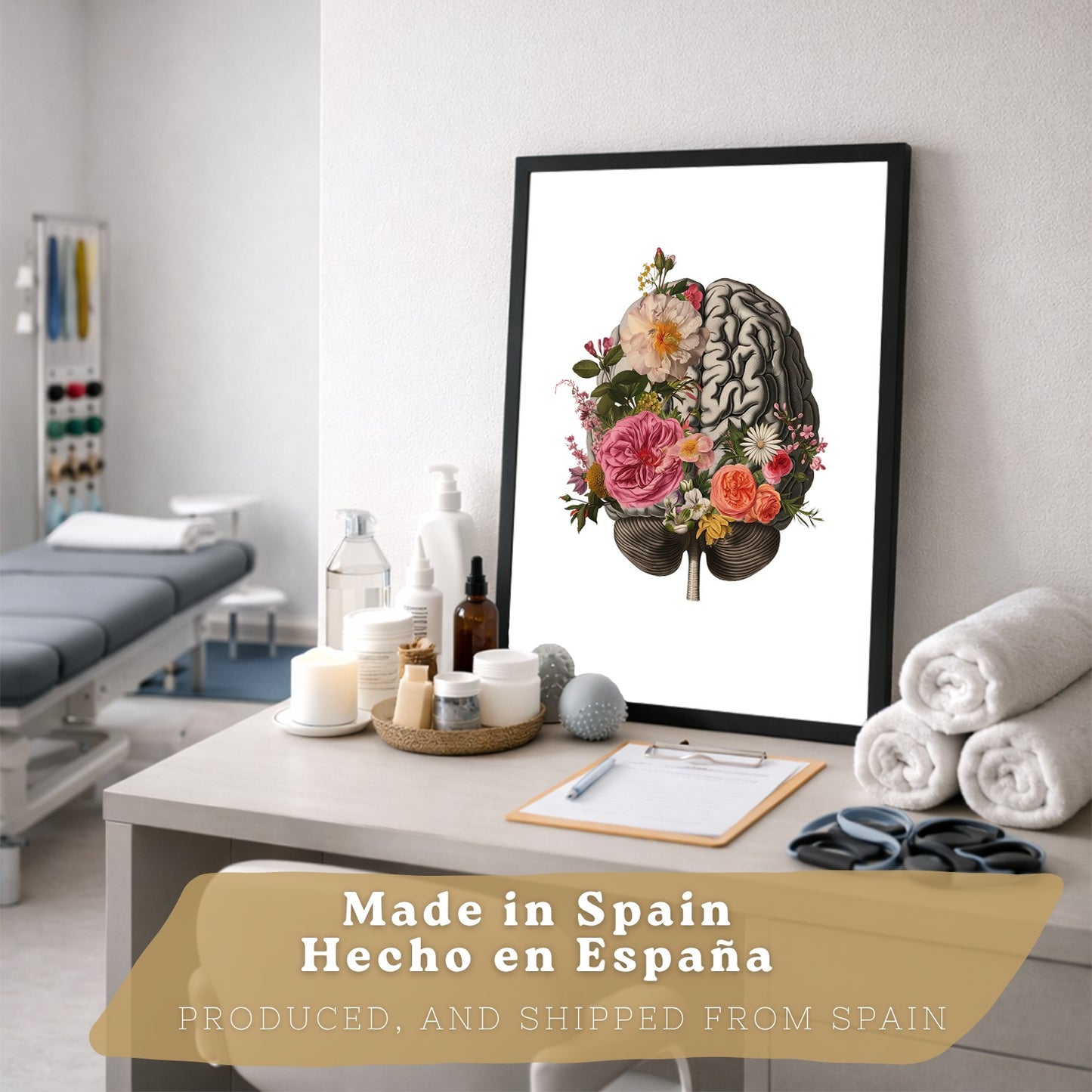 Set de 4 Láminas Decorativas Anatomía Posters y Cuadros con Cerebro Corazón Pulmones Sistema Respiratorio Costillas Columna Vertebral Diseño Floral Moderno
