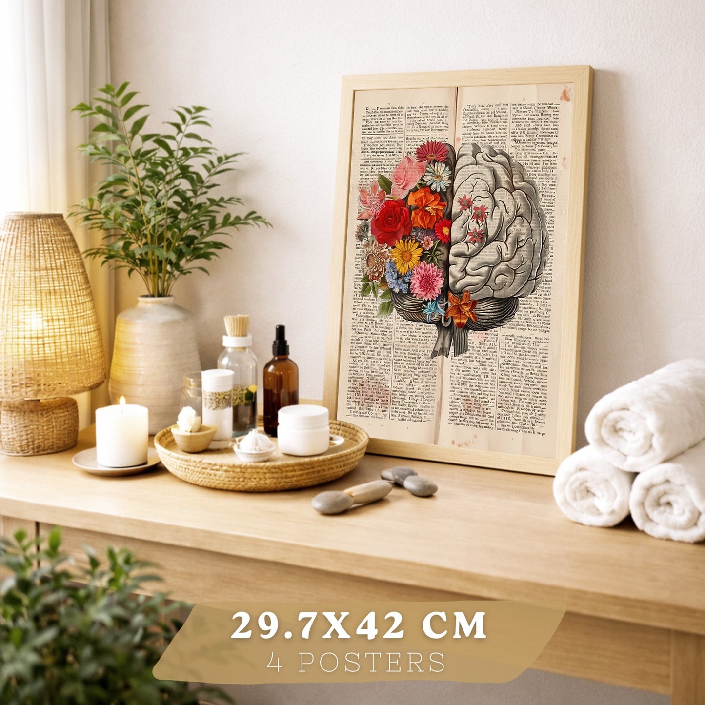 Set 4 Cuadros de Anatomía Láminas con Corazón, Cerebro, Esqueleto y Intestinos Fondo Antiguo