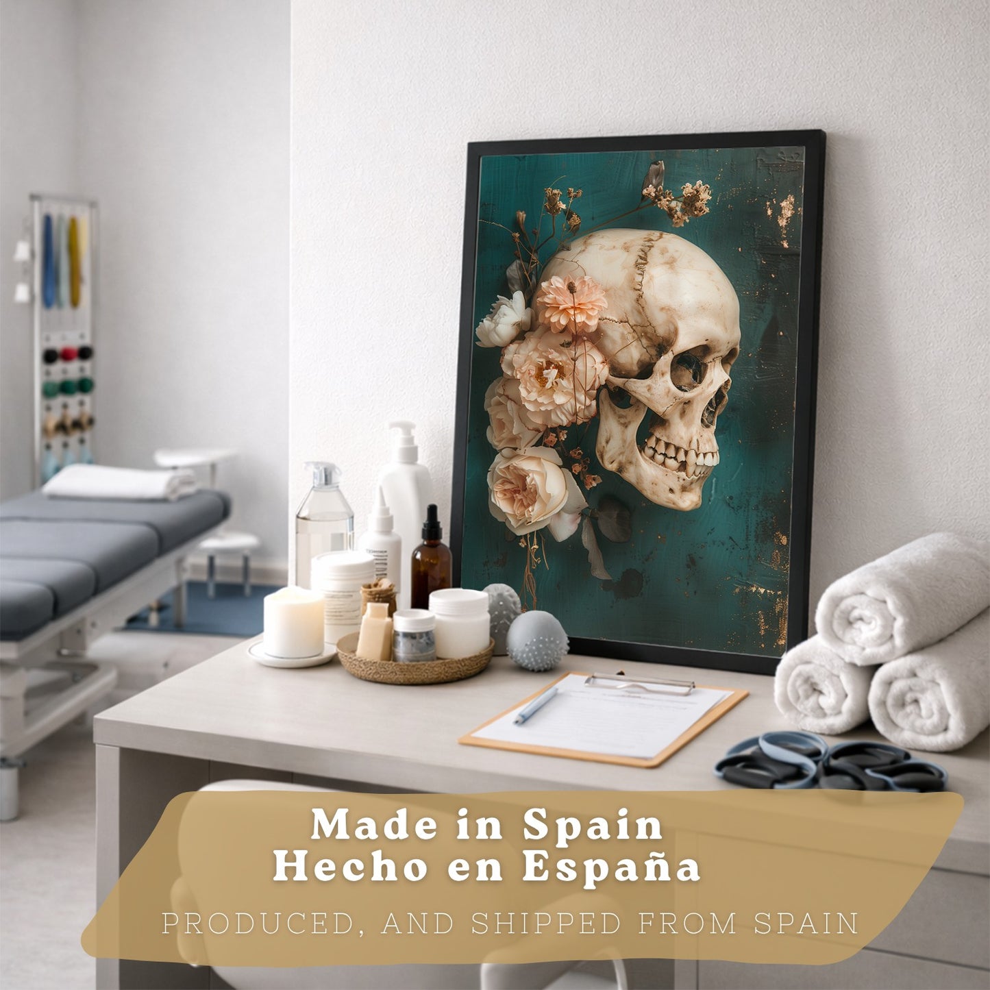 Set 4 Cuadros Decorativos de Anatomía Humana Láminas y Posters con Cráneo Cerebro Pulmones Tráquea Bronquios Pelvis Columna Diseño Floral Elegante