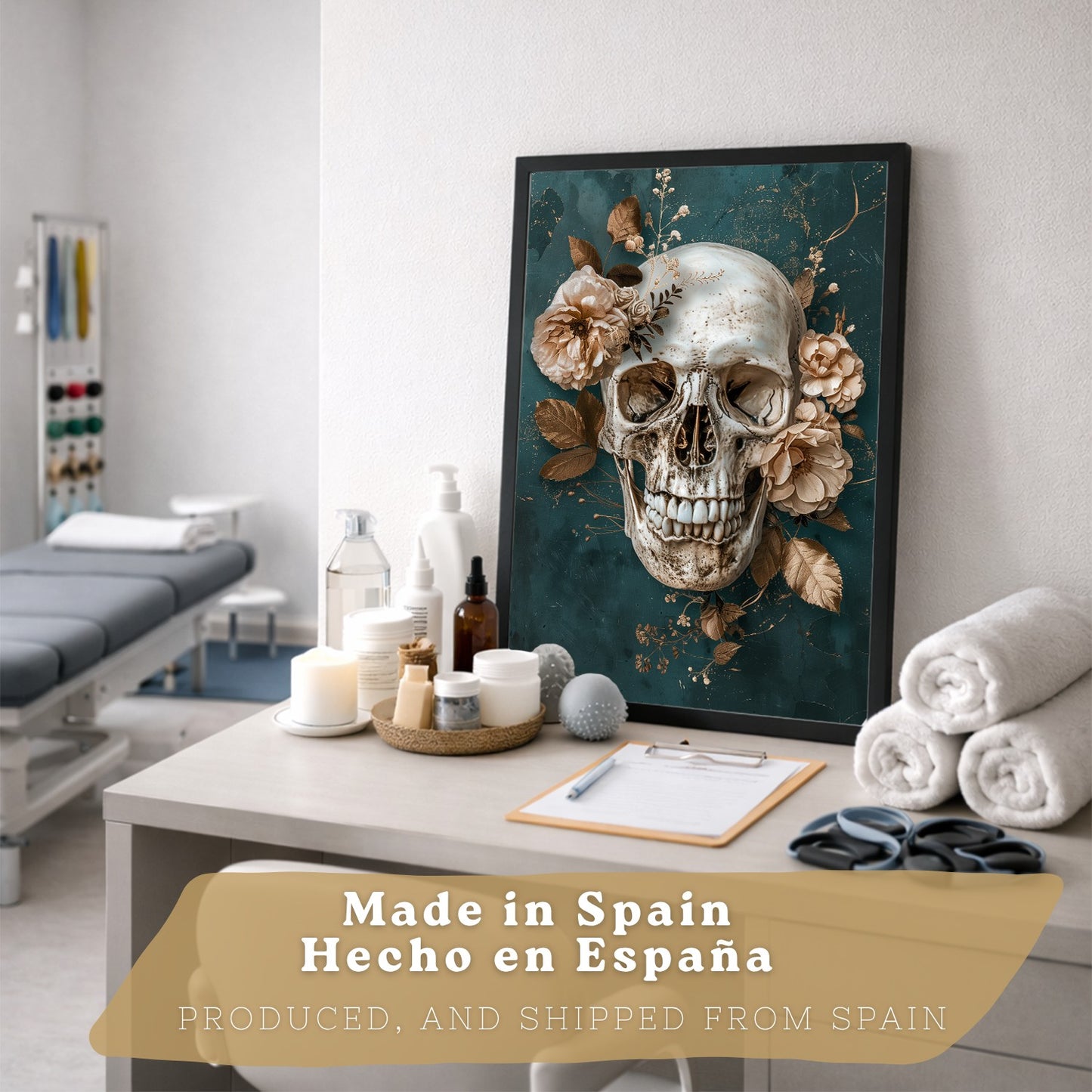 Set 4 Láminas Decorativas Anatomía Posters y Cuadros con Cráneo Corazón Cerebro Columna Vertebral Esqueleto Pelvis Estilo Clásico Floral Elegante