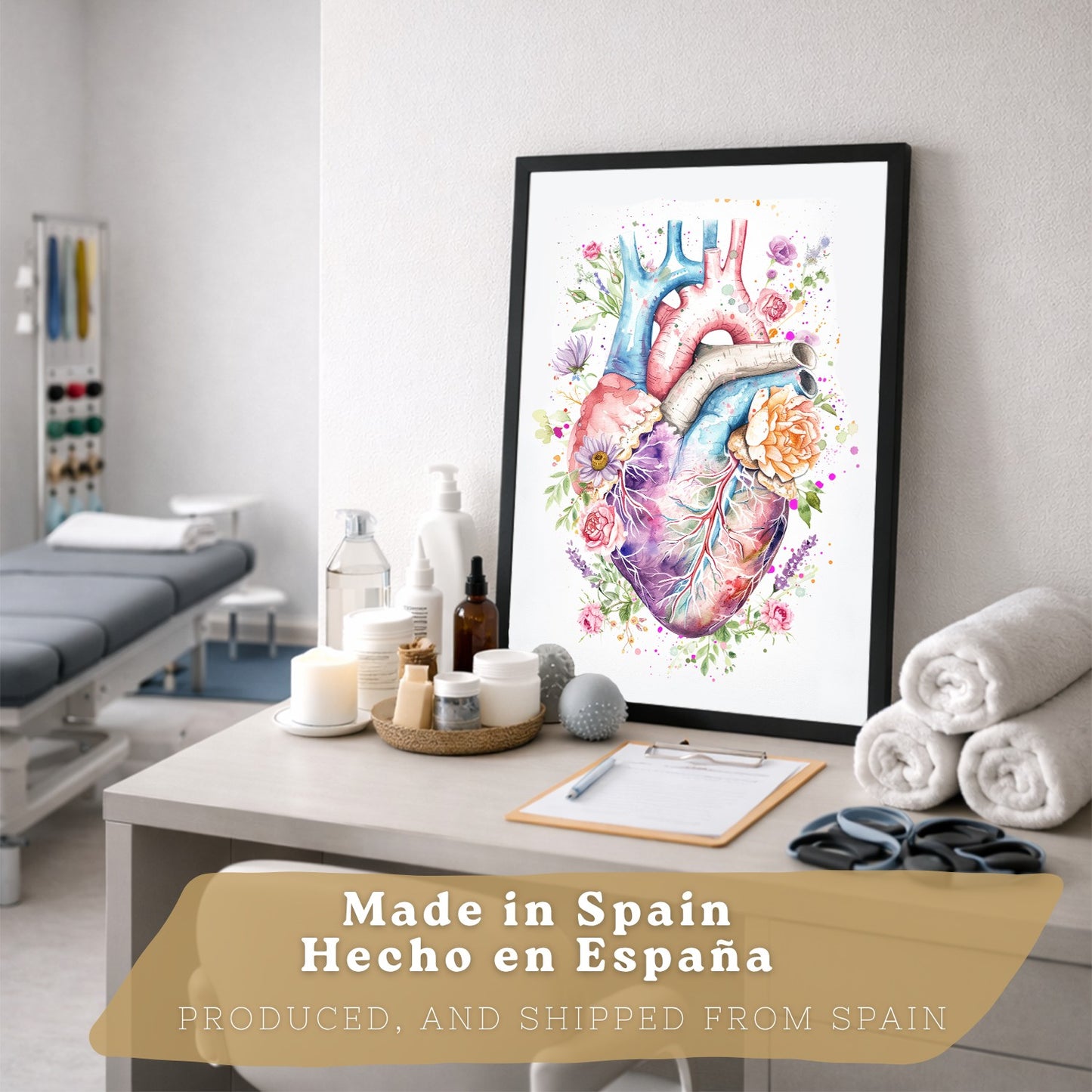 Set 4 Cuadros Decorativos de Anatomía Humana Láminas y Posters con Corazón Cerebro Pulmones Tráquea Bronquios Columna Vertebral Diseño Floral Acuarela