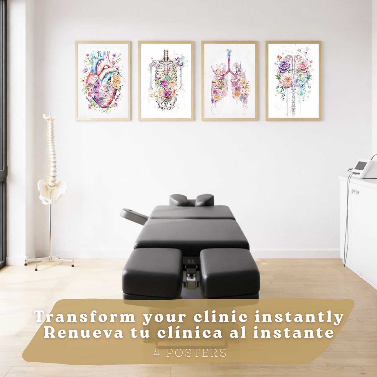 Set 4 Láminas de Anatomía Humana Posters y Cuadros con Calavera, Esqueleto, Corazón y Pulmones Dorados