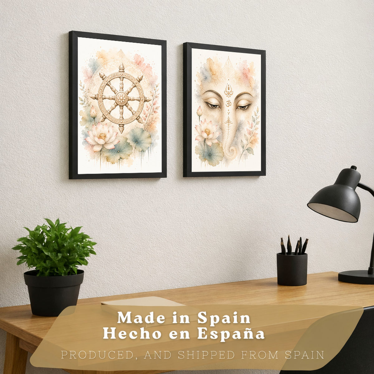 Posters Espirituales con Arte de Rueda del Dharma y Ganesha