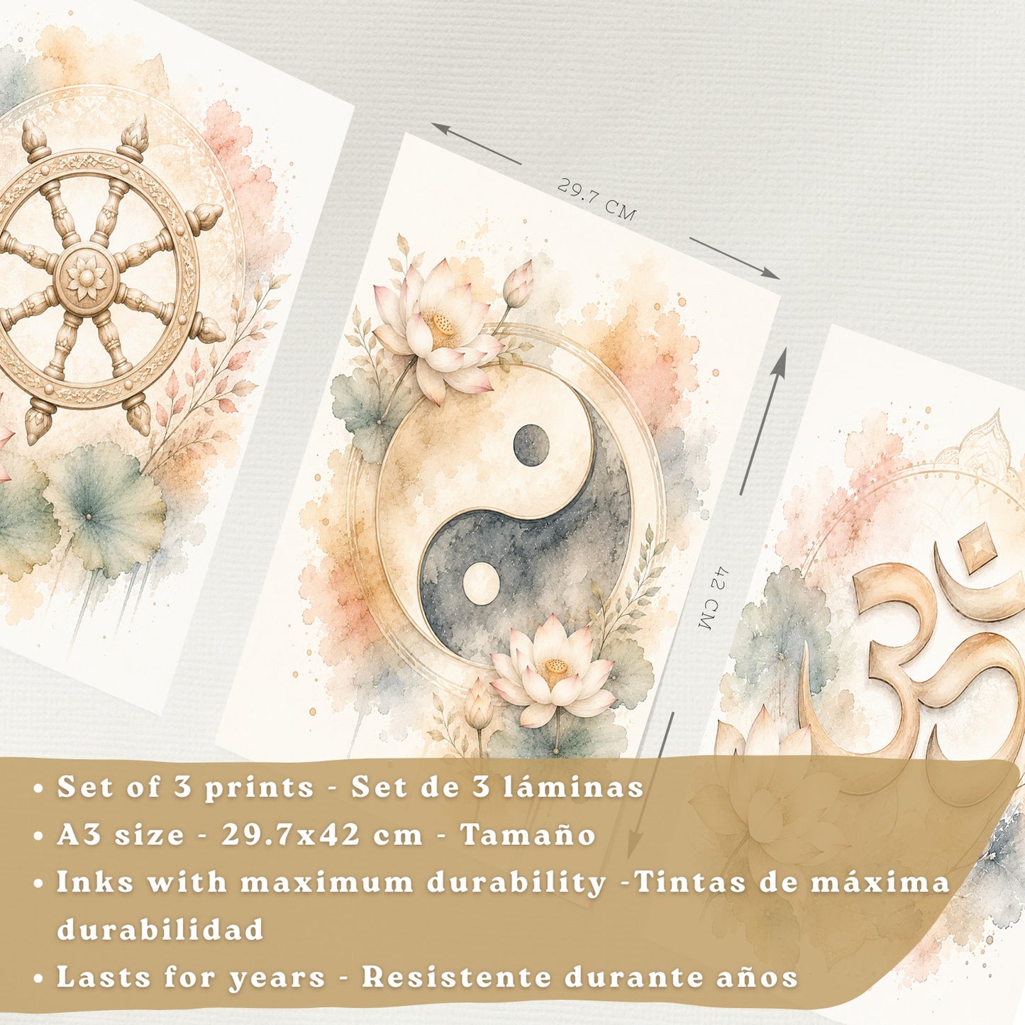 Posters Espirituales con Rueda del Dharma, Yin Yang y Arte Om