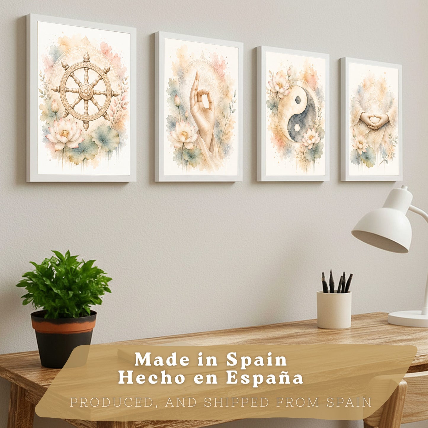 Posters Espirituales con Rueda del Dharma, Yin Yang y Meditación