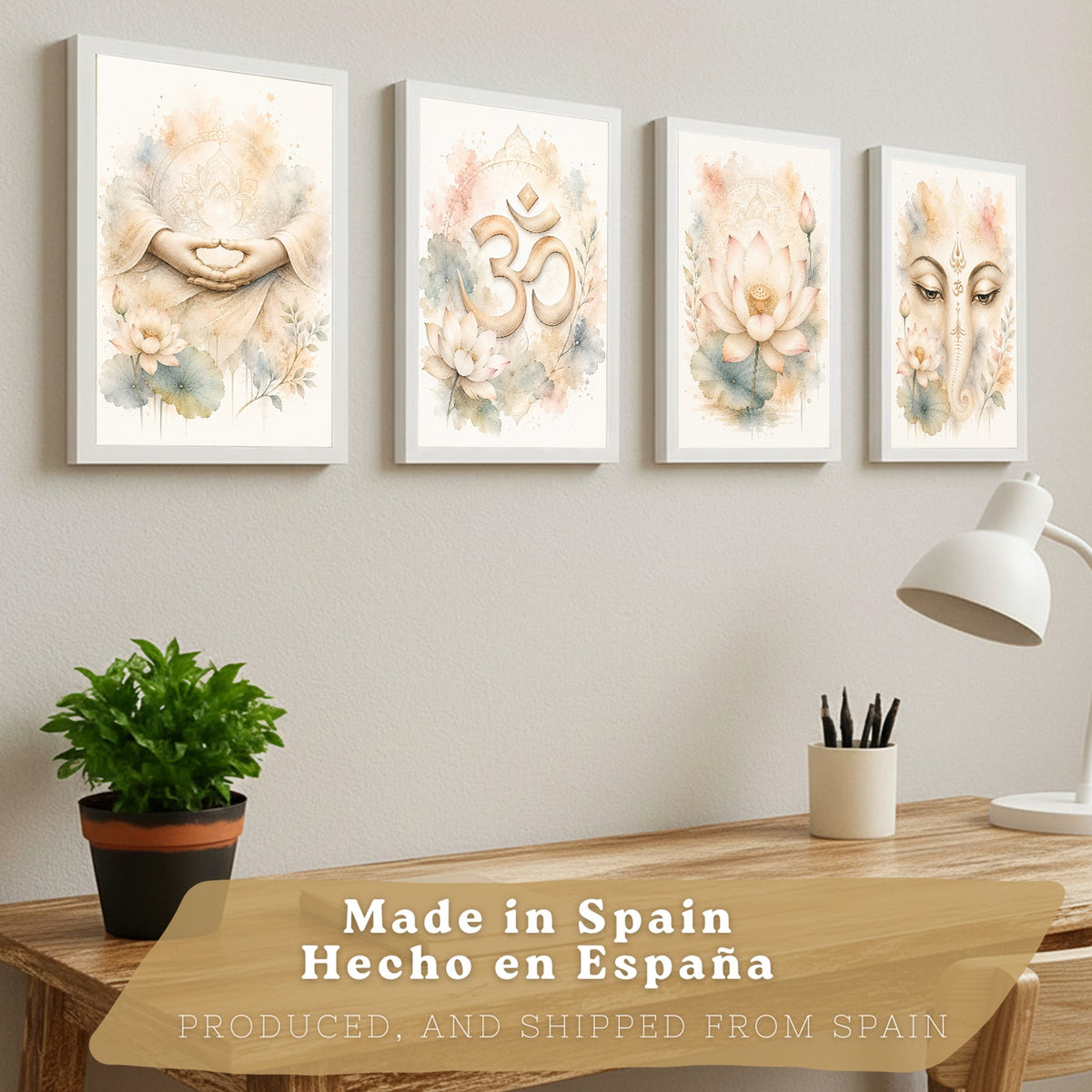 Posters Espirituales con Loto, Om y Ganesha Acuarela