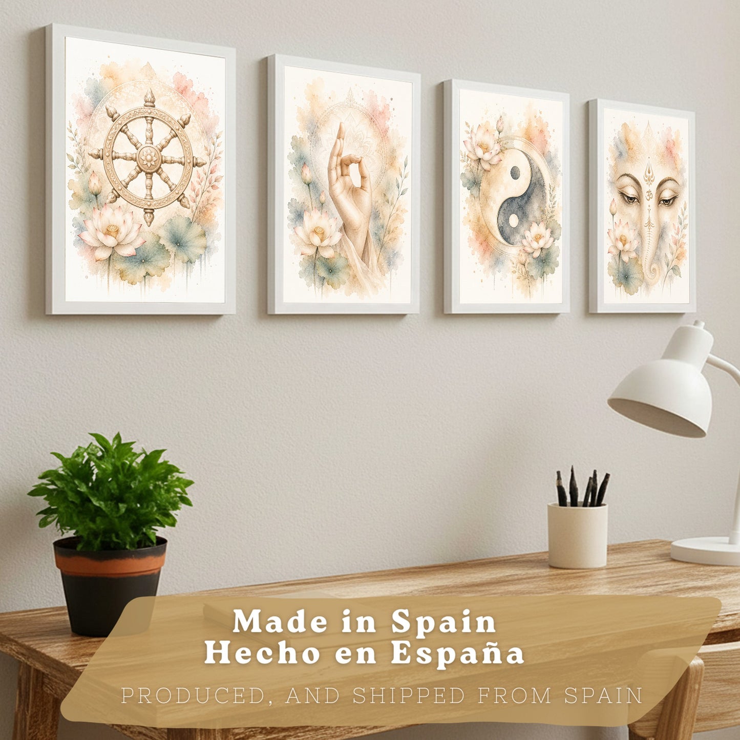 Posters Espirituales con Rueda del Dharma, Yin Yang y Ganesha