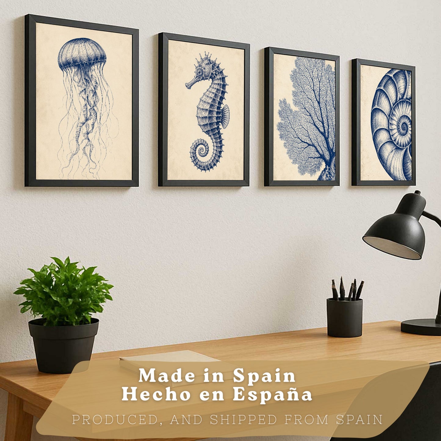 Posters de Costero con Medusa, Caballito de Mar y Arte de Nautilus