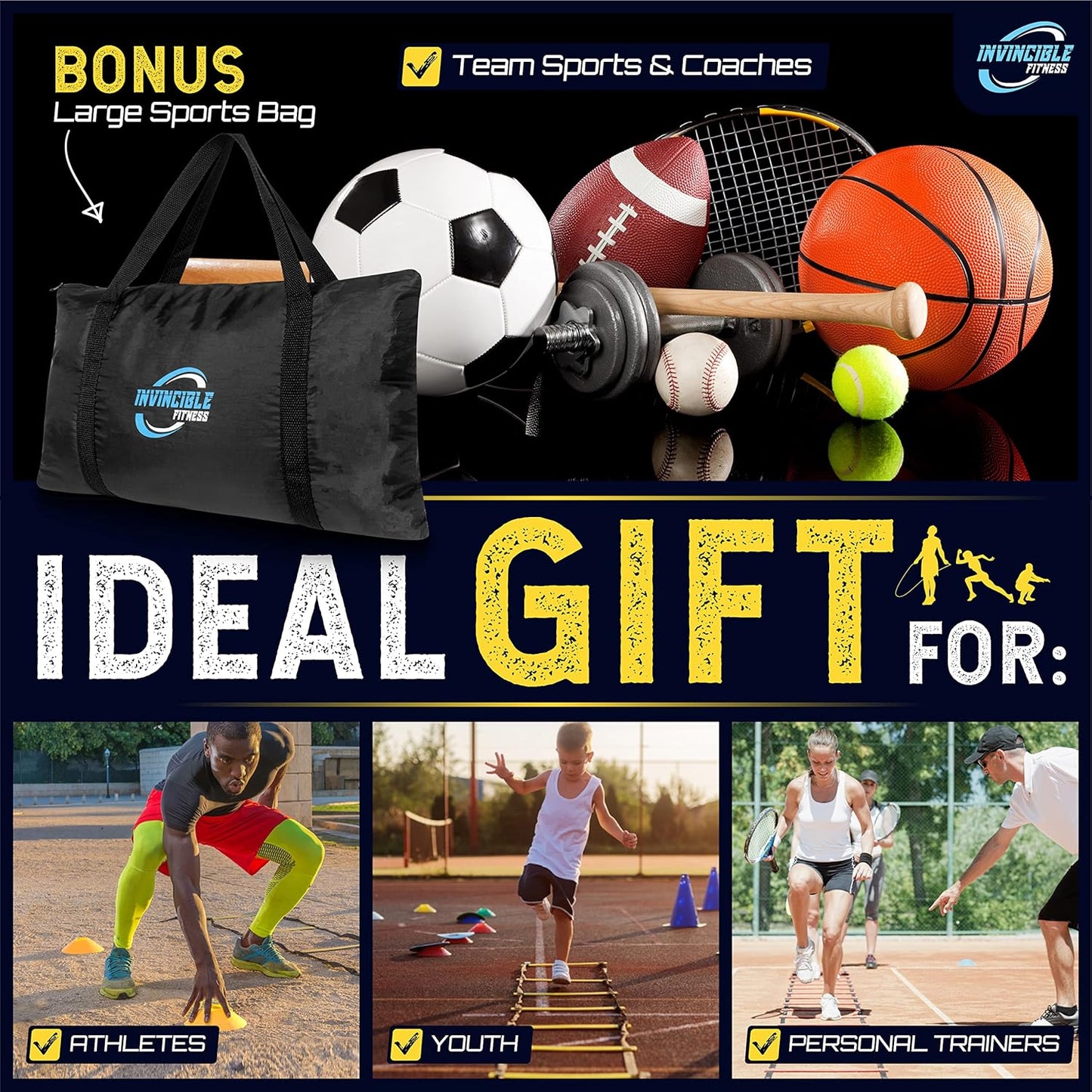 Escalera de agilidad Set, 11 peldaños, duradero Materiales, portátil bolsa de transporte, incluye 4 piquetas de metal + Bonus: 2,5 Lacrosse masaje pelota, Por Invencible Fitness