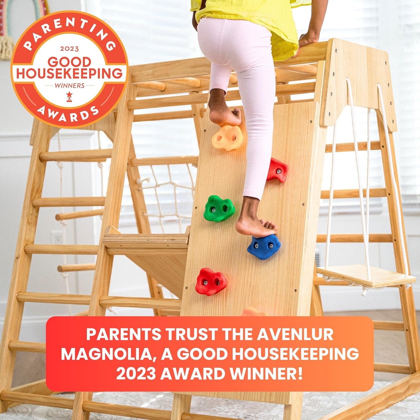 Gimnasio de jungla para juegos de interior Avenlur – Magnolia, parque infantil interior de madera Montessori 6 en 1 para niños de 2 a 6 años – Juguetes Waldorf, escalera de cuerda, columpio de interior, tobogán para bebés, muro de escalada, etc.