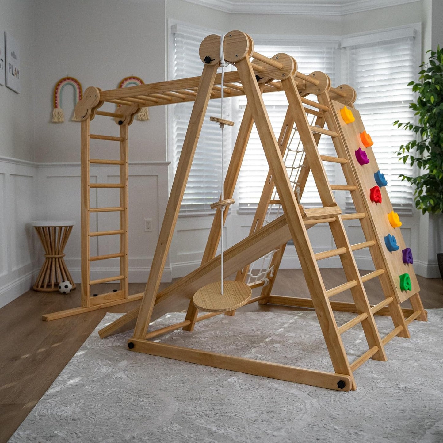 Avenlur Gimnasio de juego interior 8 en 1 – Gimnasio de la selva para niños de 2 a 6 años – Parque de juegos interior de madera con tobogán, barras de mono, escalera, escalera de cuerda, escalada en