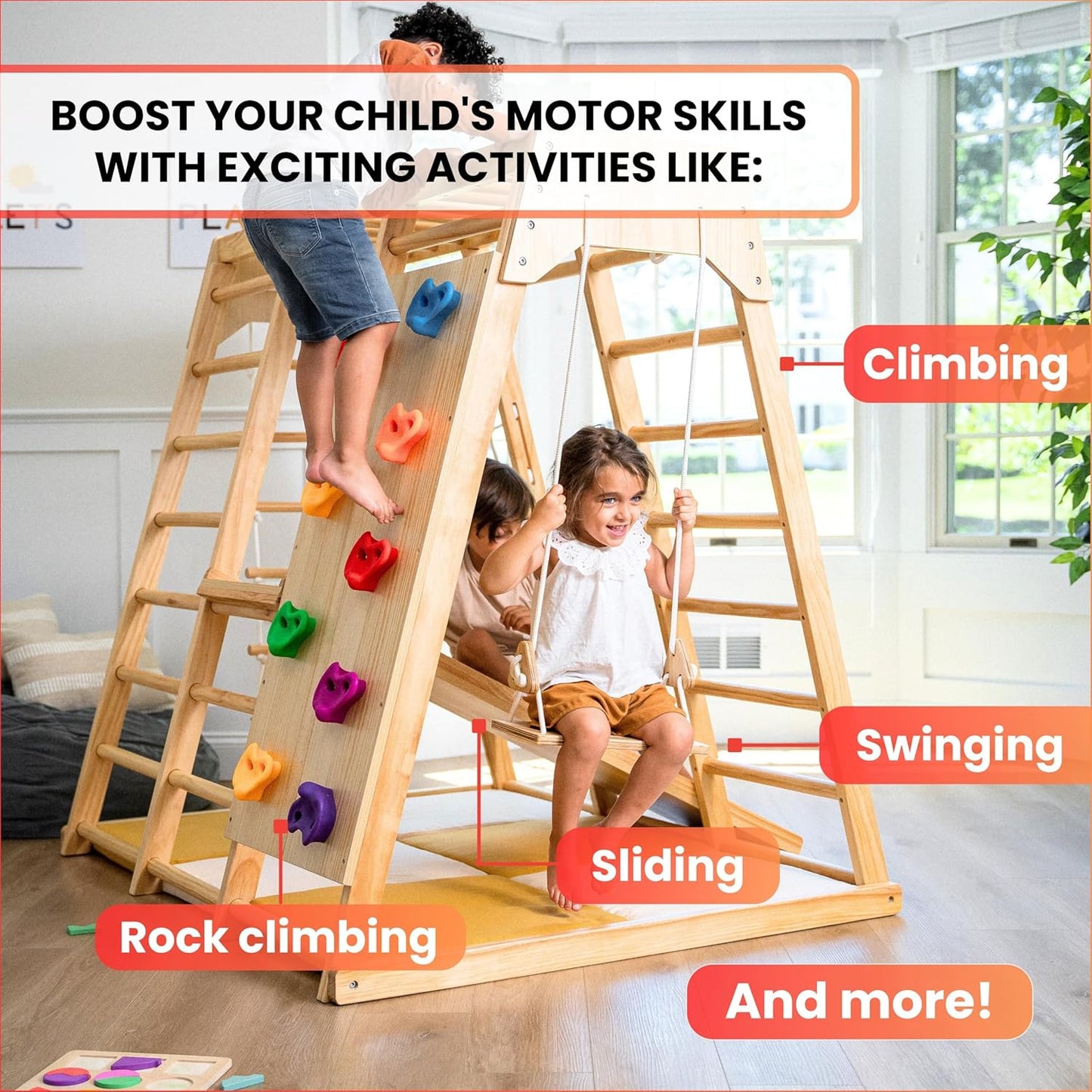 Gimnasio de jungla para juegos de interior Avenlur – Magnolia, parque infantil interior de madera Montessori 6 en 1 para niños de 2 a 6 años – Juguetes Waldorf, escalera de cuerda, columpio de interior, tobogán para bebés, muro de escalada, etc.