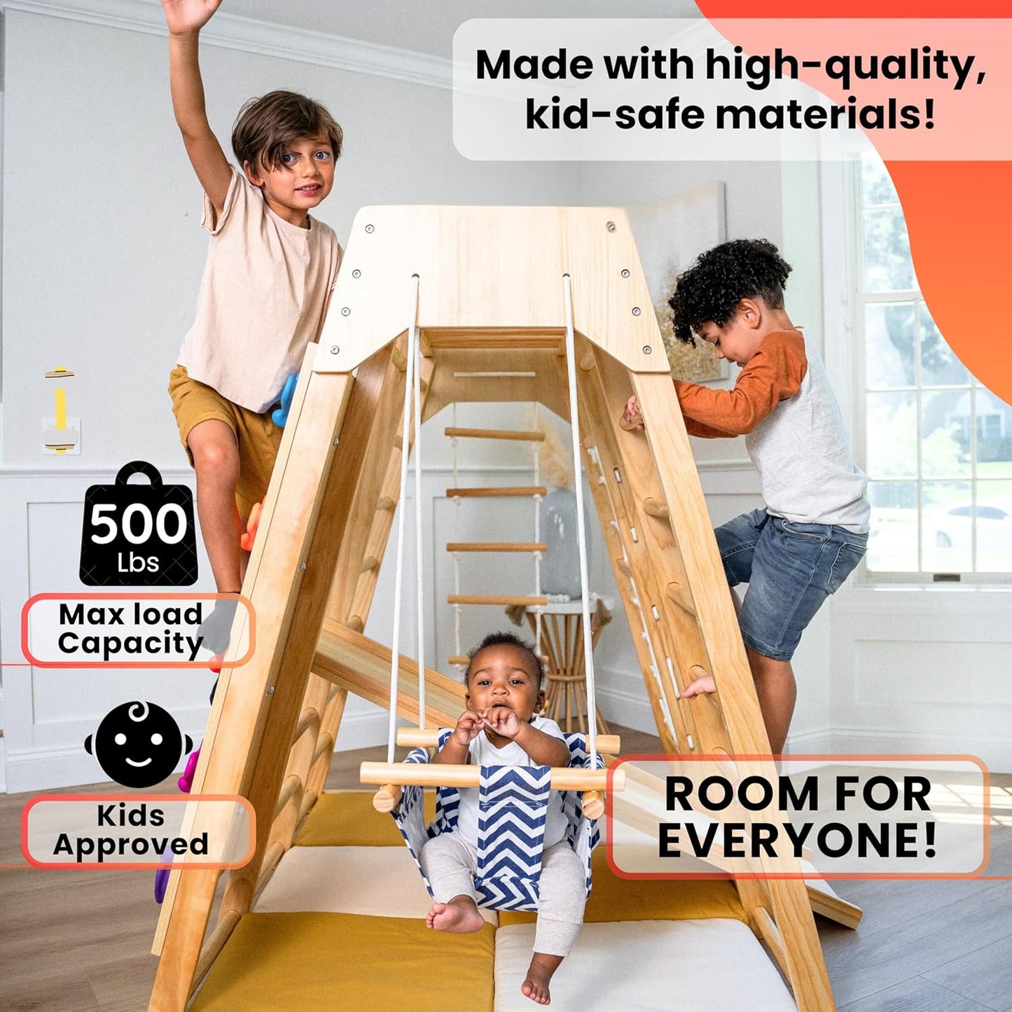 Gimnasio de jungla para juegos de interior Avenlur – Magnolia, parque infantil interior de madera Montessori 6 en 1 para niños de 2 a 6 años – Juguetes Waldorf, escalera de cuerda, columpio de interior, tobogán para bebés, muro de escalada, etc.