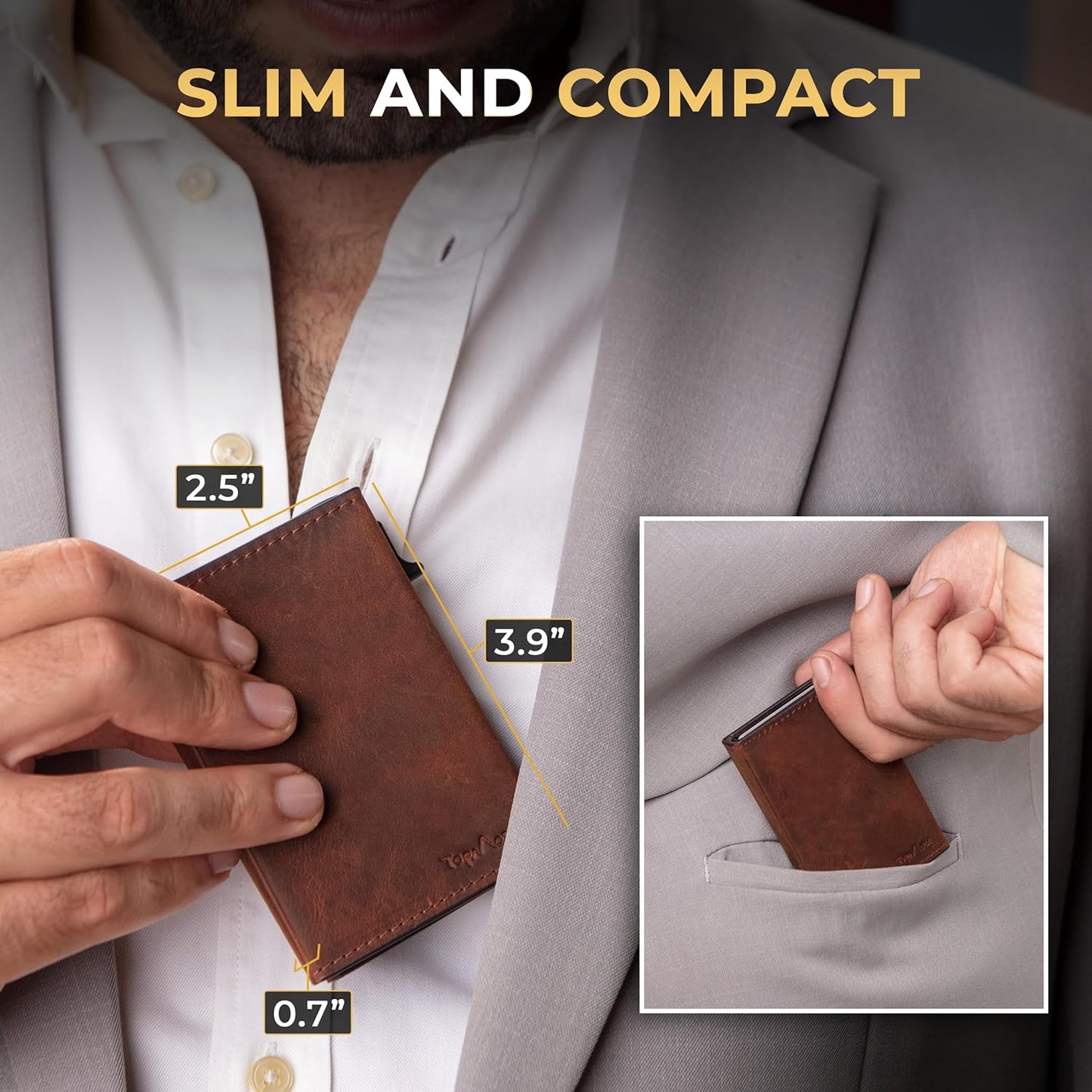 Cartera desplegable de piel auténtica para hombre. Portatarjetas de crédito con bloqueo RFID para hombre. Carteras Ridge para hombre con ventana de identificación. Delgada, minimalista,