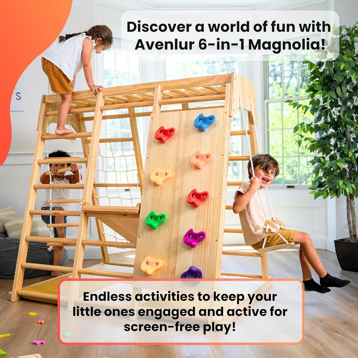 Gimnasio de jungla para juegos de interior Avenlur – Magnolia, parque infantil interior de madera Montessori 6 en 1 para niños de 2 a 6 años – Juguetes Waldorf, escalera de cuerda, columpio de interior, tobogán para bebés, muro de escalada, etc.