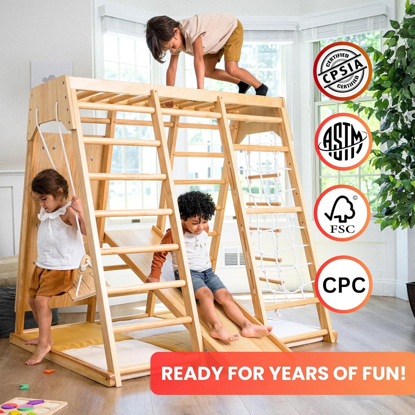 Gimnasio de jungla para juegos de interior Avenlur – Magnolia, parque infantil interior de madera Montessori 6 en 1 para niños de 2 a 6 años – Juguetes Waldorf, escalera de cuerda, columpio de interior, tobogán para bebés, muro de escalada, etc.