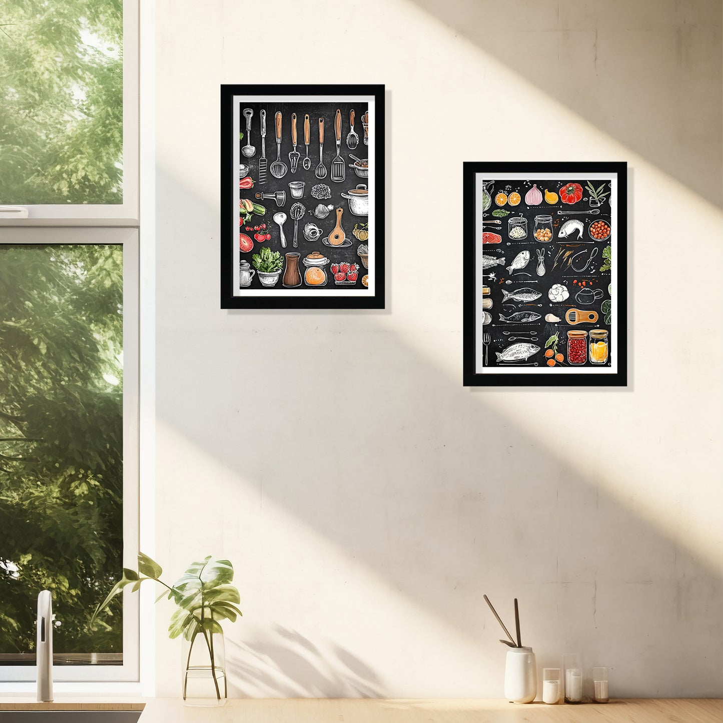 Set de 2 Cuadros Elementos de Cocina Ingredientes y Herramientas Poster Print ilustración para decorar las paredes de Cocina, Despensa, Comedor, Restaurante